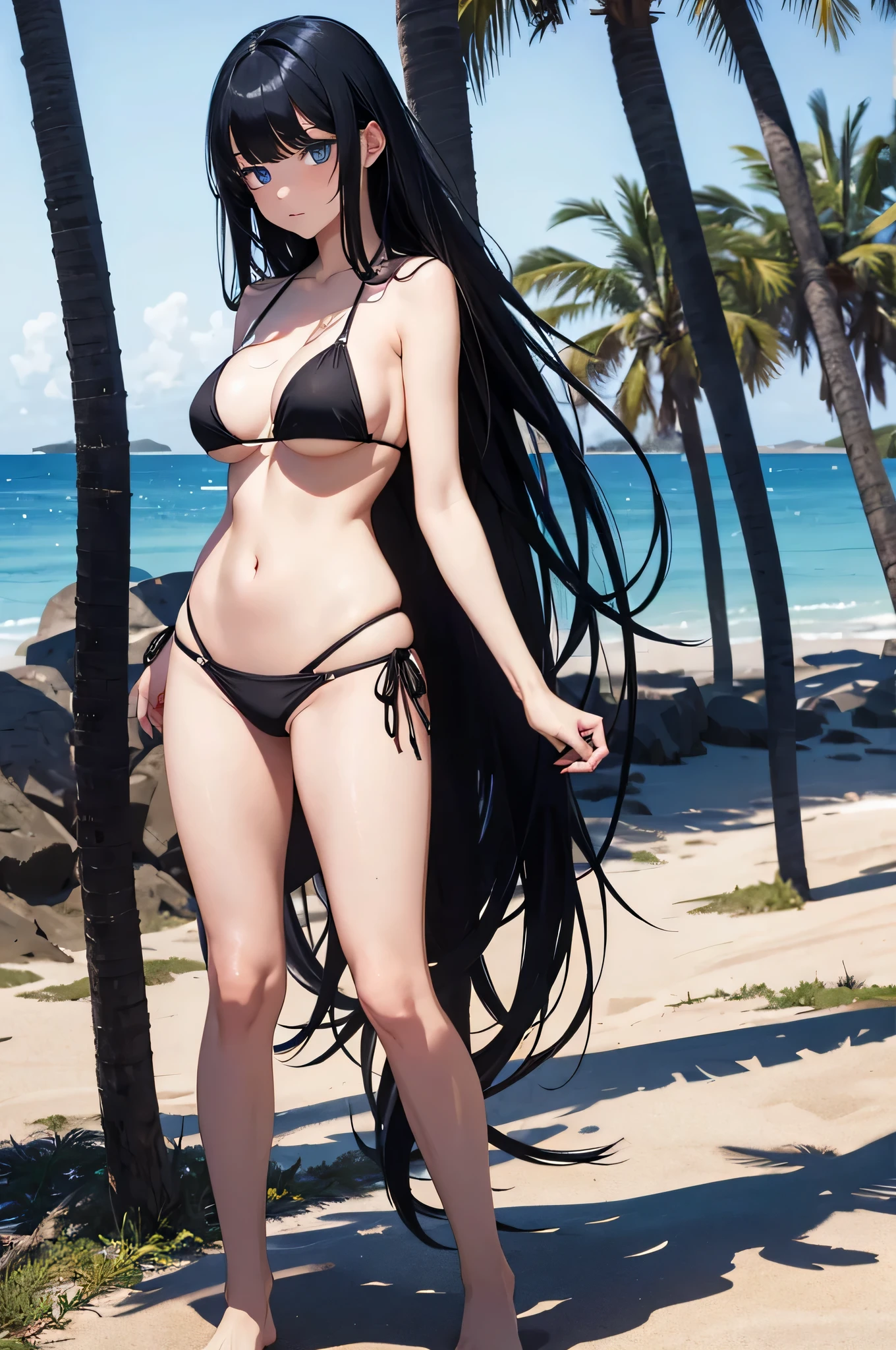 1girl, long black hair with bangs, blue eyes, wearing bikini, beach, standing whole body, absurdres, high res, ultrasharp, 8K, masterpiece, looking at viewer