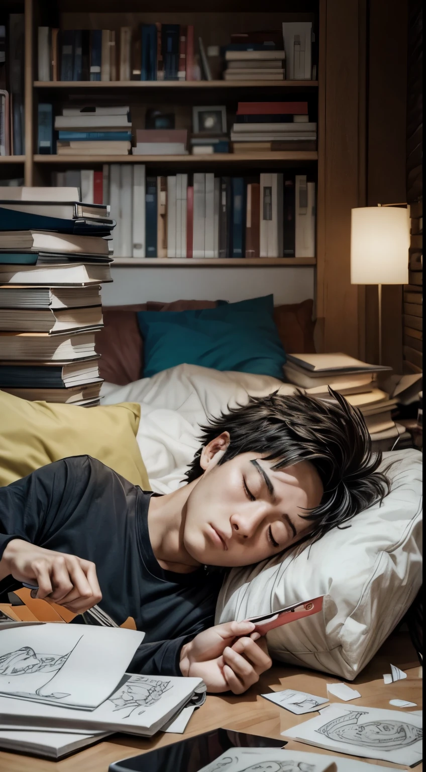 young animator or manga creator after extra working hours lying on their back in a pile of their creations, dramatic eyes,in comfortable clothing, scattered books, pile of papers, tablets,drawings,gadgets,tired, exhausted,animated soul figure looking at the body in question, funny,goofy,young man, closed eyes,windows, soul body, high shot,zoomed in,birds view, middle age