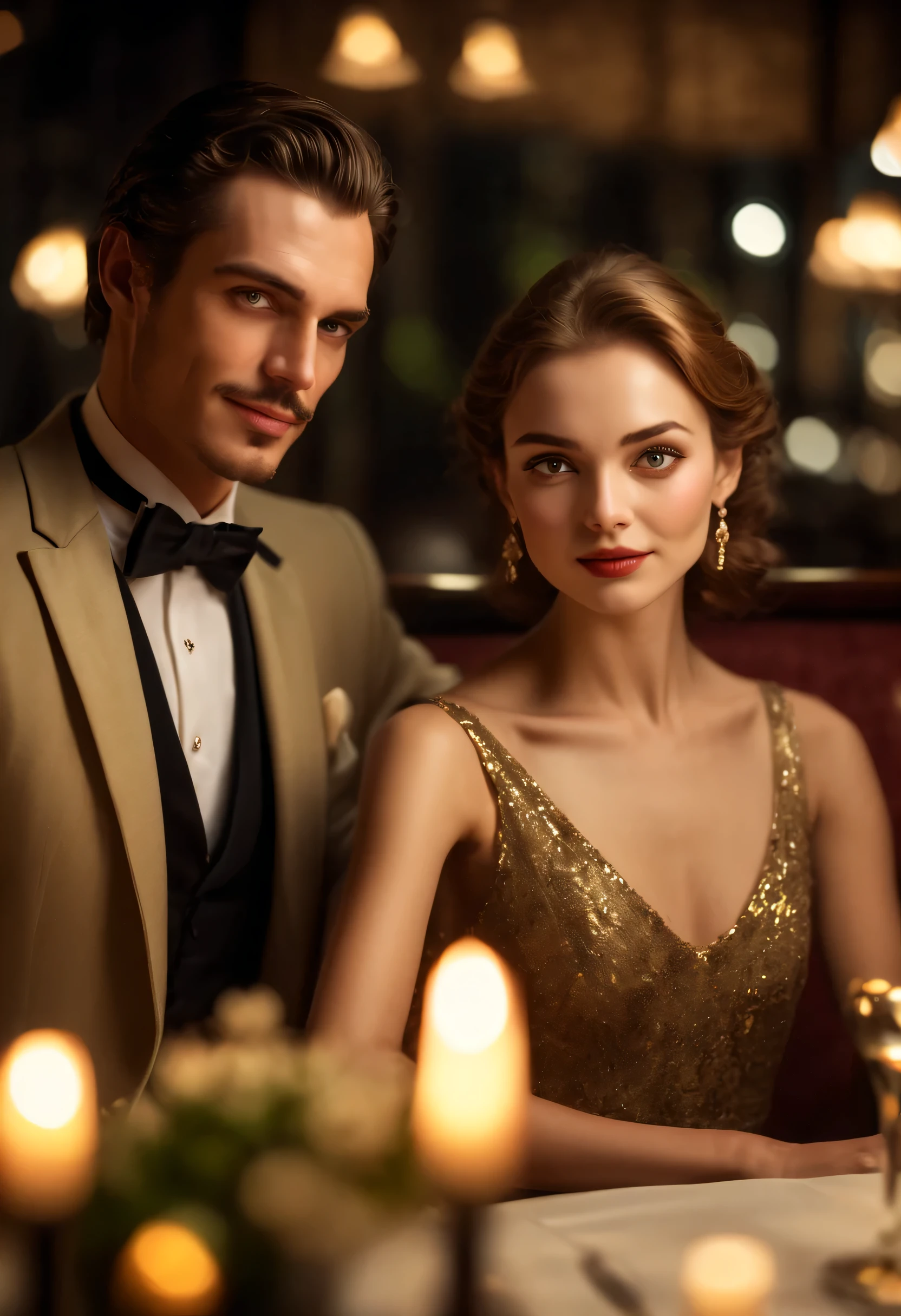 A photo that won an international award,捕捉到了一位英俊的欧洲man和一位出身高贵的人, Rich woman having a date at a western restaurant in the evening, man, Wearing a well-tailored suit,dress elegantly, Exudes confidence and maturity, woman, Wearing exquisite dress,shining, Exudes royalty and wealth, Their eyes exchanged tenderly, Candlelit dinner, contribute to warmth, Intimate, Romanticize the atmosphere, They are surrounded by bokeh lights,Adds a depth and magical touch to the scene, Their interactions are caught in an intricate balance of darkness and light, HS realism, (best quality,4K,8k,high resolution,masterpiece:1.2),Super detailed,(actual,photoactual,photo-actual:1.37),studio lighting,Ultra-fine painting