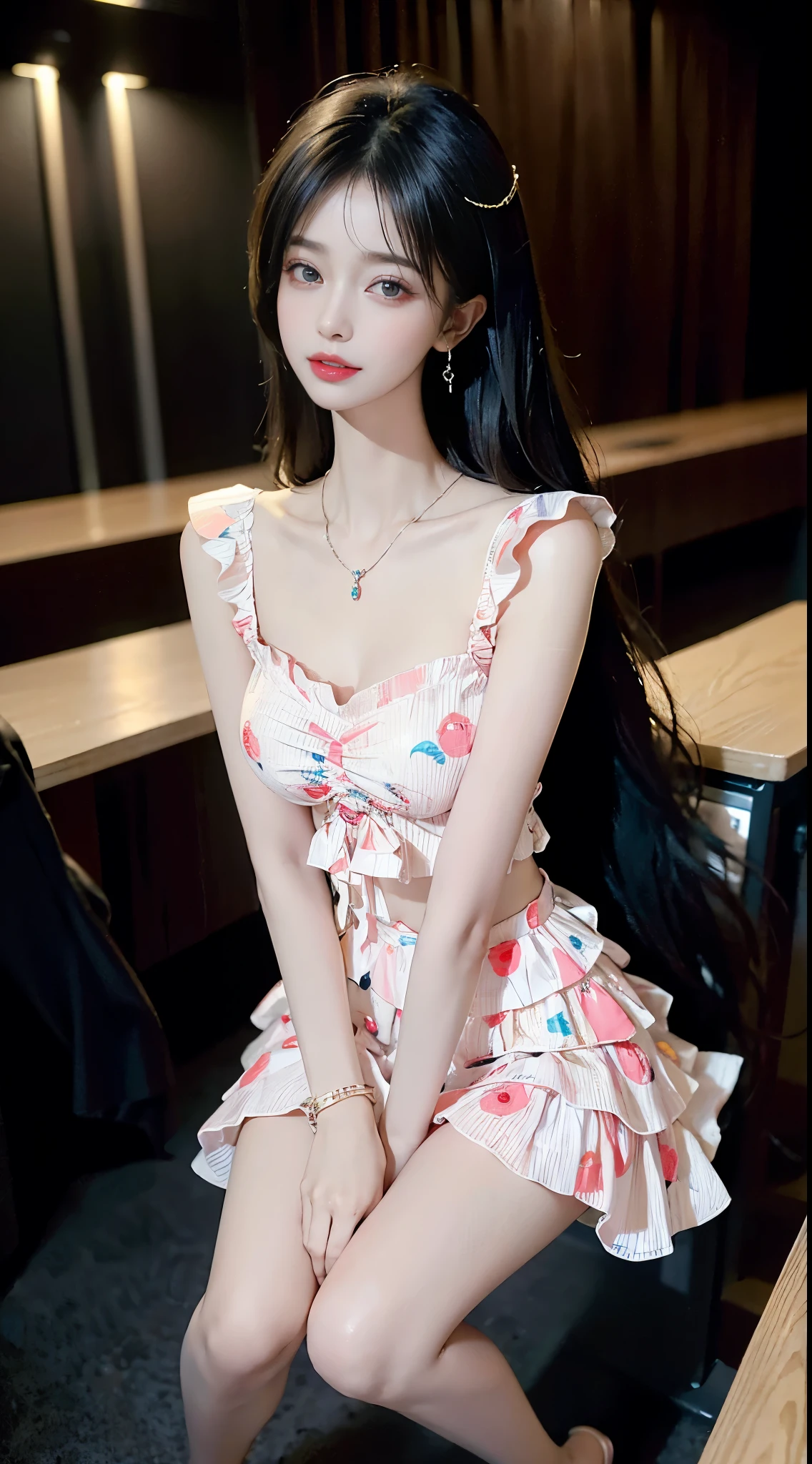 Sweet girl clothes6,print dress, ((full body)), ((Shot from a random perspective)), ((sitting position)), ((in the classroom, Sit at the lectern)), (yushuxin,1girl,solo), clear face, pretty face, 8k, masterpiece, original photo, best quality, detail:1.2,lifelike, detail, Very detailed, CG, unified, wallpapers, depth of field, movie light, lens flare, Ray tracing, (extremely beautiful face, beautiful lips, beautiful eyes), intricate, detail的脸, ((ultra detailed skin)), 1 girl, in the darkness, deep shadow, beautiful korean girl, kpop idol,(Very slim figure:1.3), A plump chest, Large breasts, Slender sexy legs, Very nice legs, elegant posture, (bright smile), (City night, (neon lights), (night), beautiful korean girl, white diamond earrings, Diameter bracelet, Dia necklace, clear eyes, (big eyes)