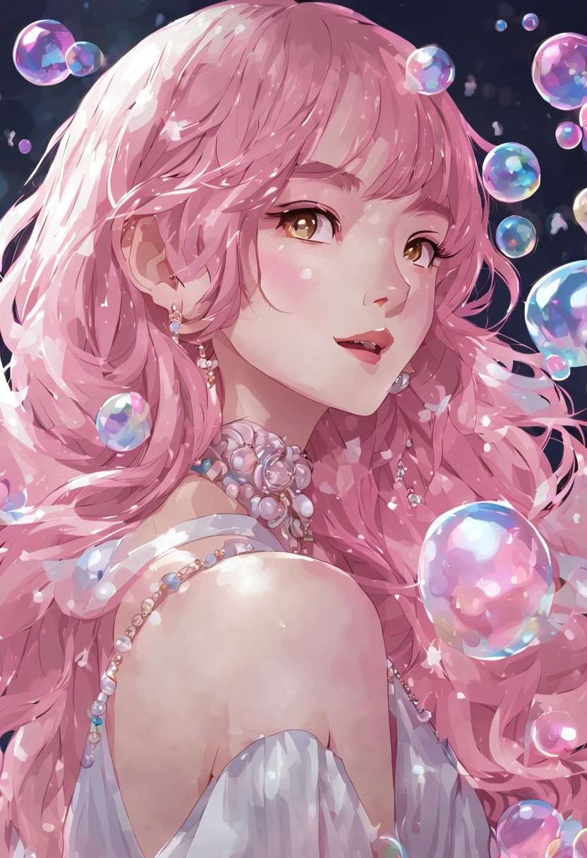 (masterpiece, best quality:1.2),bubble,1 girl,jewelry,long hair,looking at the audience,pearl \(gem\),pearl 项链,pink hair,actual,alone,teeth,Upper body