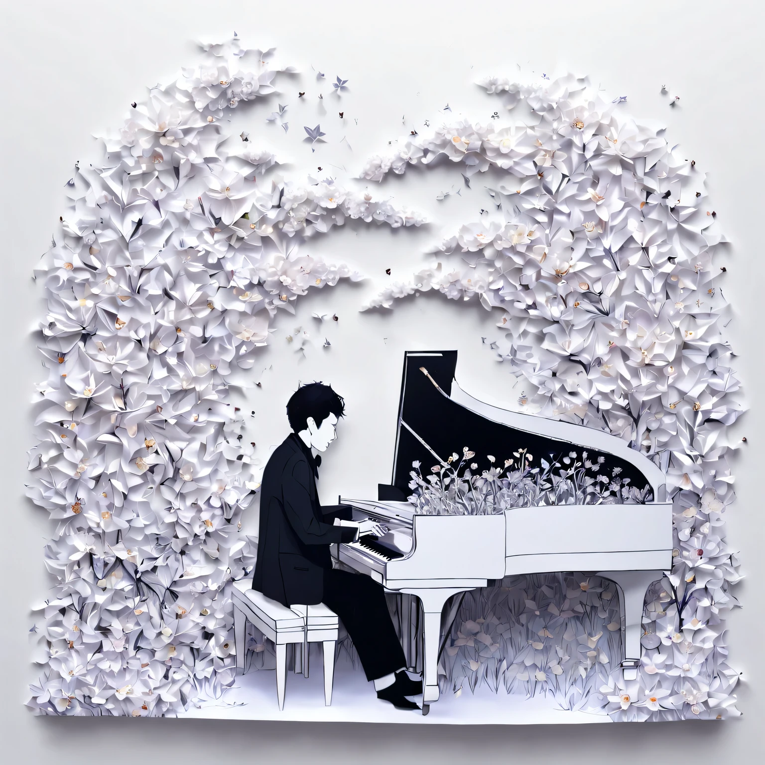 masterpiece、jazzピアニストはピアノを弾きます,great pianist, jazzピアノ、jazz、Darkman, He is a musician with a warm and powerful sound.., Increase profit margins、white background、(A blizzard of flowers dances in the air:1.4),  magic, wonderful, zentangle, origami
