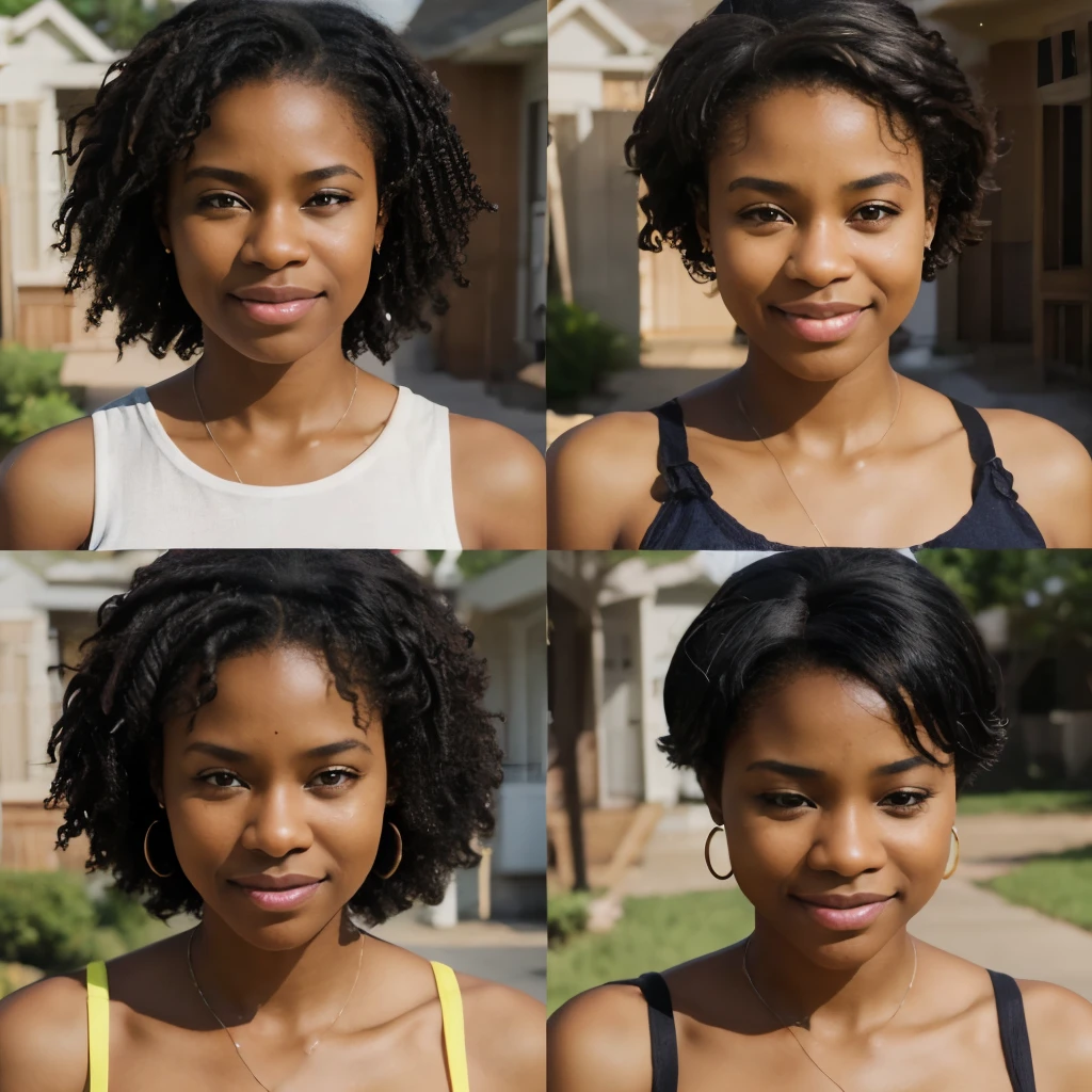 Create an image of a stunning African American woman age transitioning from an adorable to toddler to ager to mid age adult woman to elderley woman each showing one of these emotions happiness worry crying praying relieved Blessed the image 8k realistic render in vibrant colors, oil paint. Show 5 stages of the transitions please.