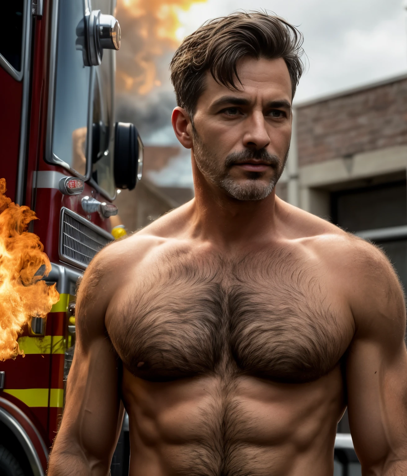 masterpiece, best quality, high resolution, closeup portrait, male focus, solo focus, A man, 50 years old, with firefighter uniform, firefighter suit, firefighter, silver grey hair, messy hairstyle, cute and seductive face, bare chest, body hair, facial hair, roman nose, scruffy, hairy abs,  skinny body, hairy legs, dimples, beard, bold jawline , in the background a fire station,  view from below, amazing composition, front view, HDR, ultra quality, elegant, highly detailed