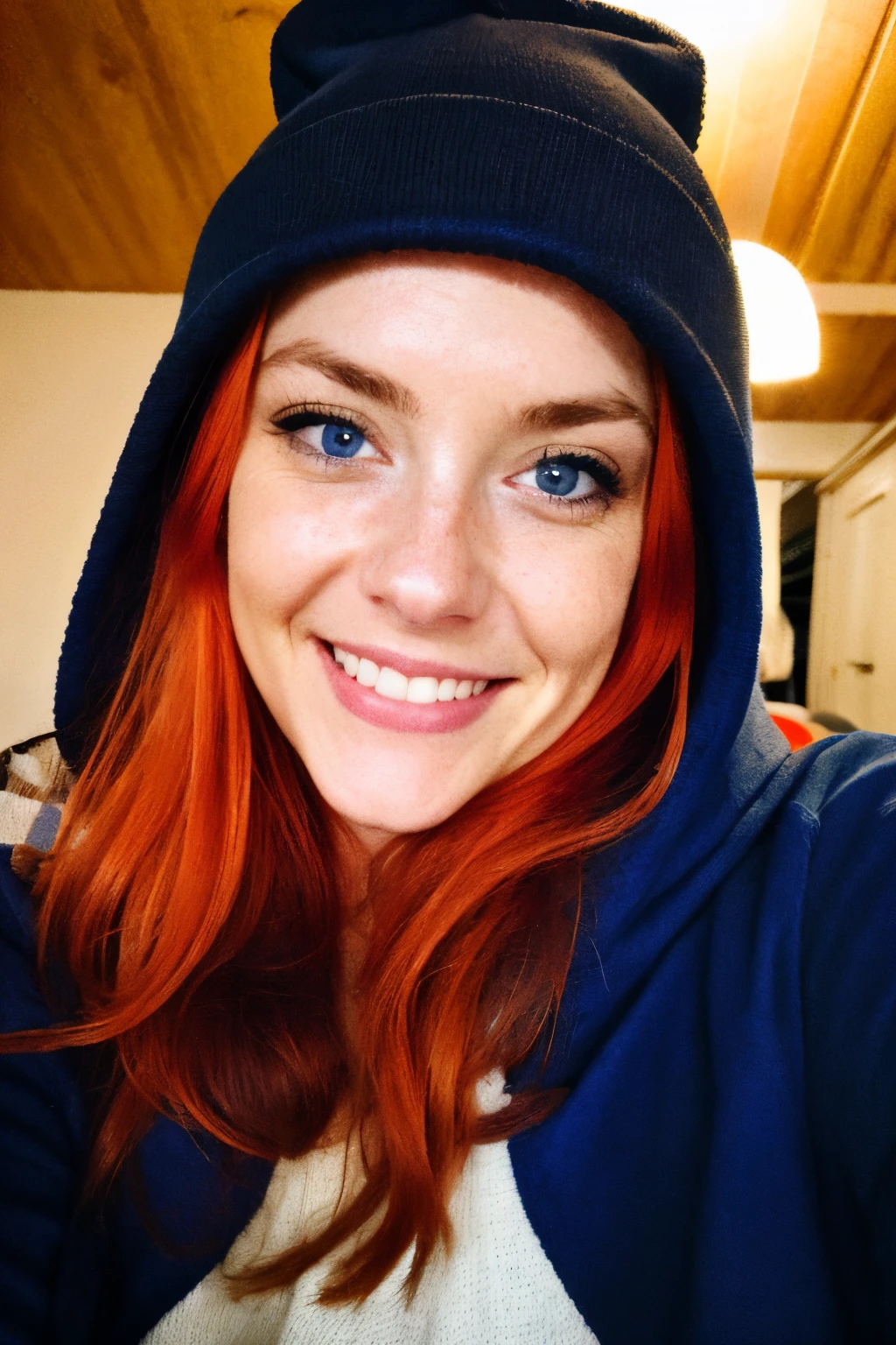 photograph, photo of beautiful woman, selfie, upper body, solo, wearing hoodie, indoors, (night), cheerful, happy, gloves, sweater, beanie, red hair, blue eyes, finnish, looking at viewer, skin texture, photo grain, close up, RAW photo 