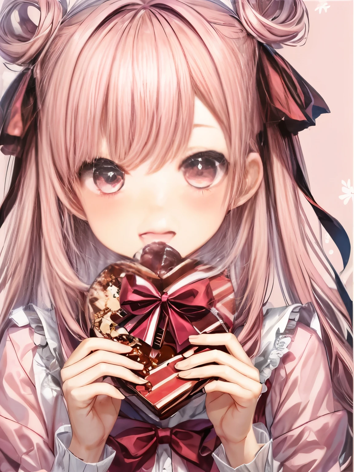 with a girl、no background、no background、Background through、twin tails、Two knots、pink hair、pink color、pink eyes、Valentine、candy、Choco、Valentine’s Day、ribbon、cute、