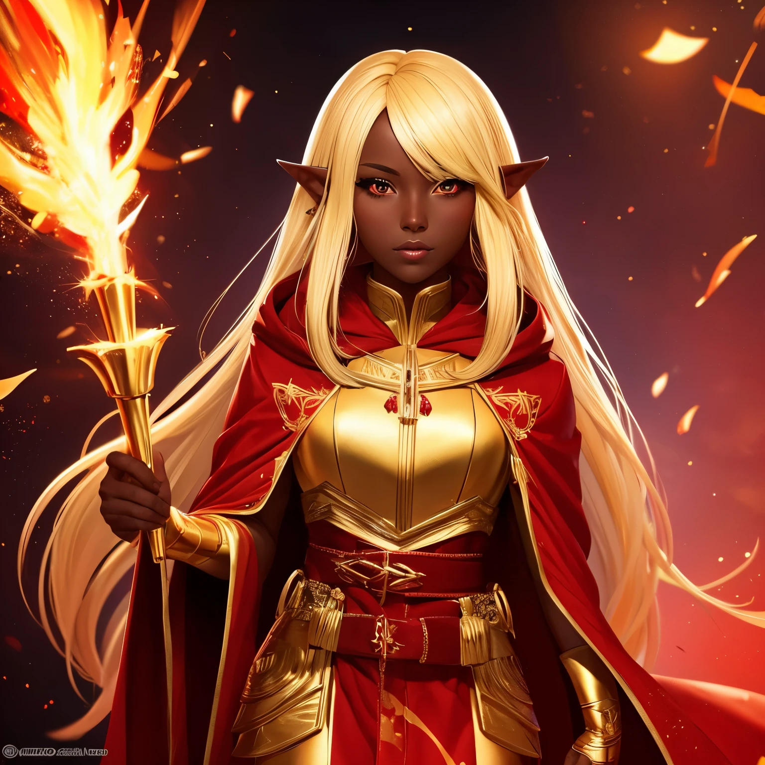 Dark skin, elf girl, blonde hair, red and gold robes