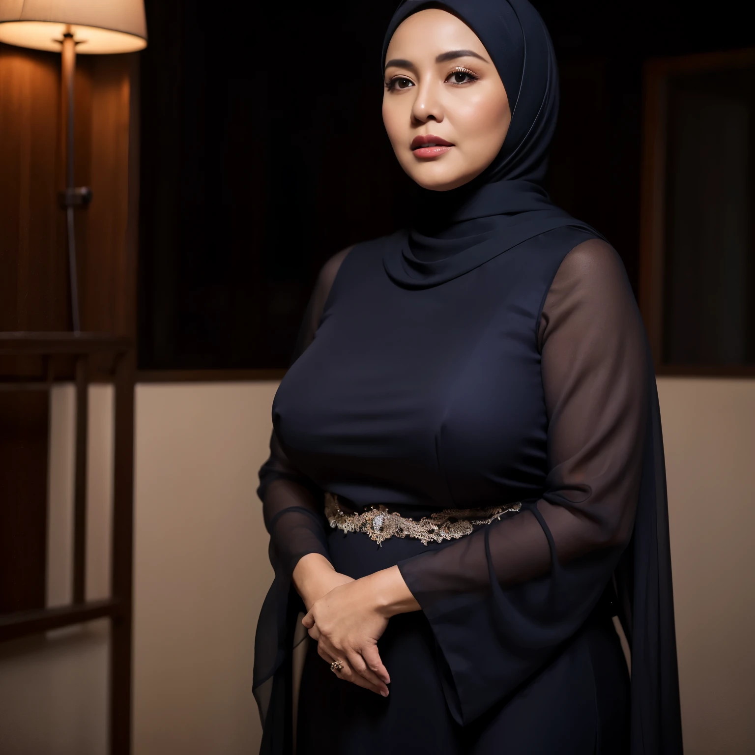 56 years Old, Hijab Indonesian mature woman, Big Tits : 46.9, Luxury Gown, curvy body, Breast about To burst out from her clothes, at doctor office, Dark light, at Nighttime.