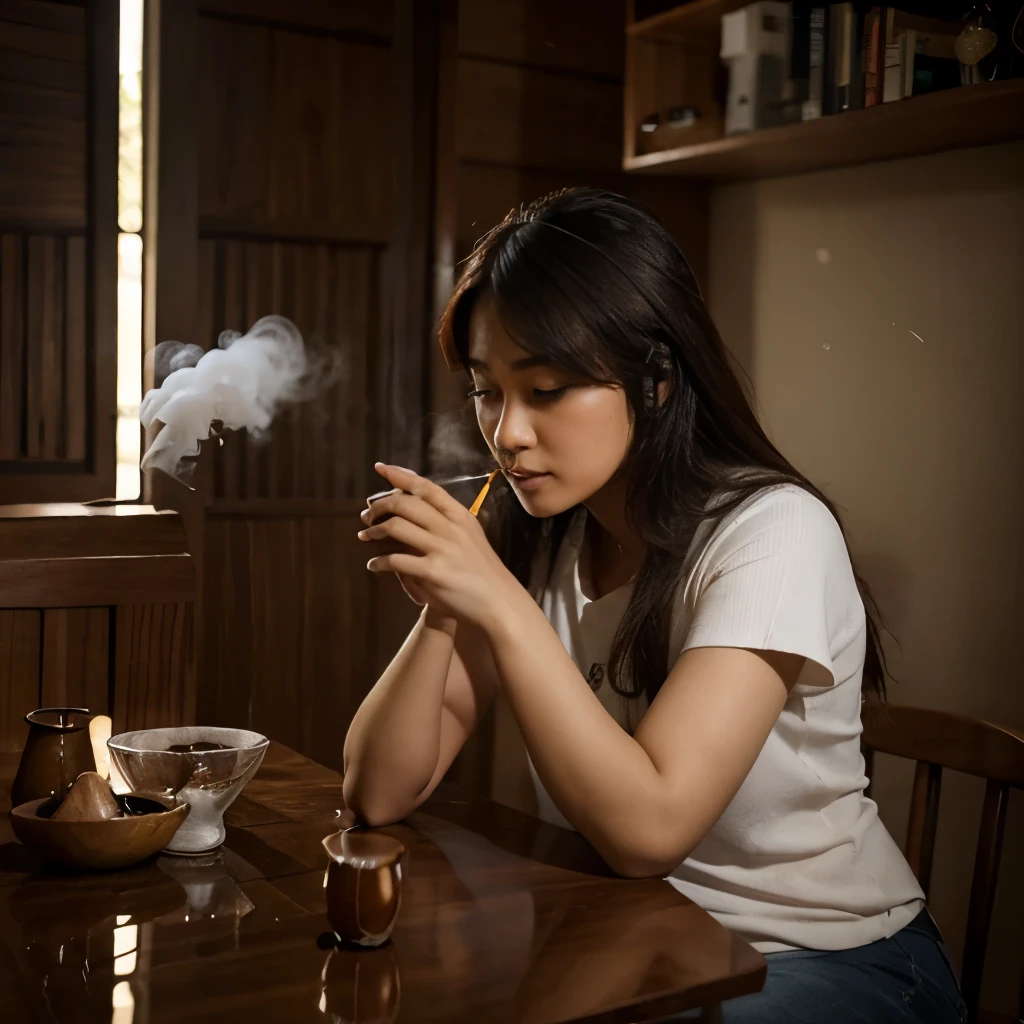 seseorang yang sedang merokok di dalam ruangan. Cigarette smoke forms the words "BANG MINTA PROMT". Wajah orang tersebut disensor dengan kotak berwarna coklat keabu-abuan. Orang tersebut memiliki telinga yang panjang dan tubuh yang kurus. Lantai ruangan terbuat dari kayu dan ada beberapa batu kecil berserakan. Gambar ini memiliki suasana yang gelap dan suram.