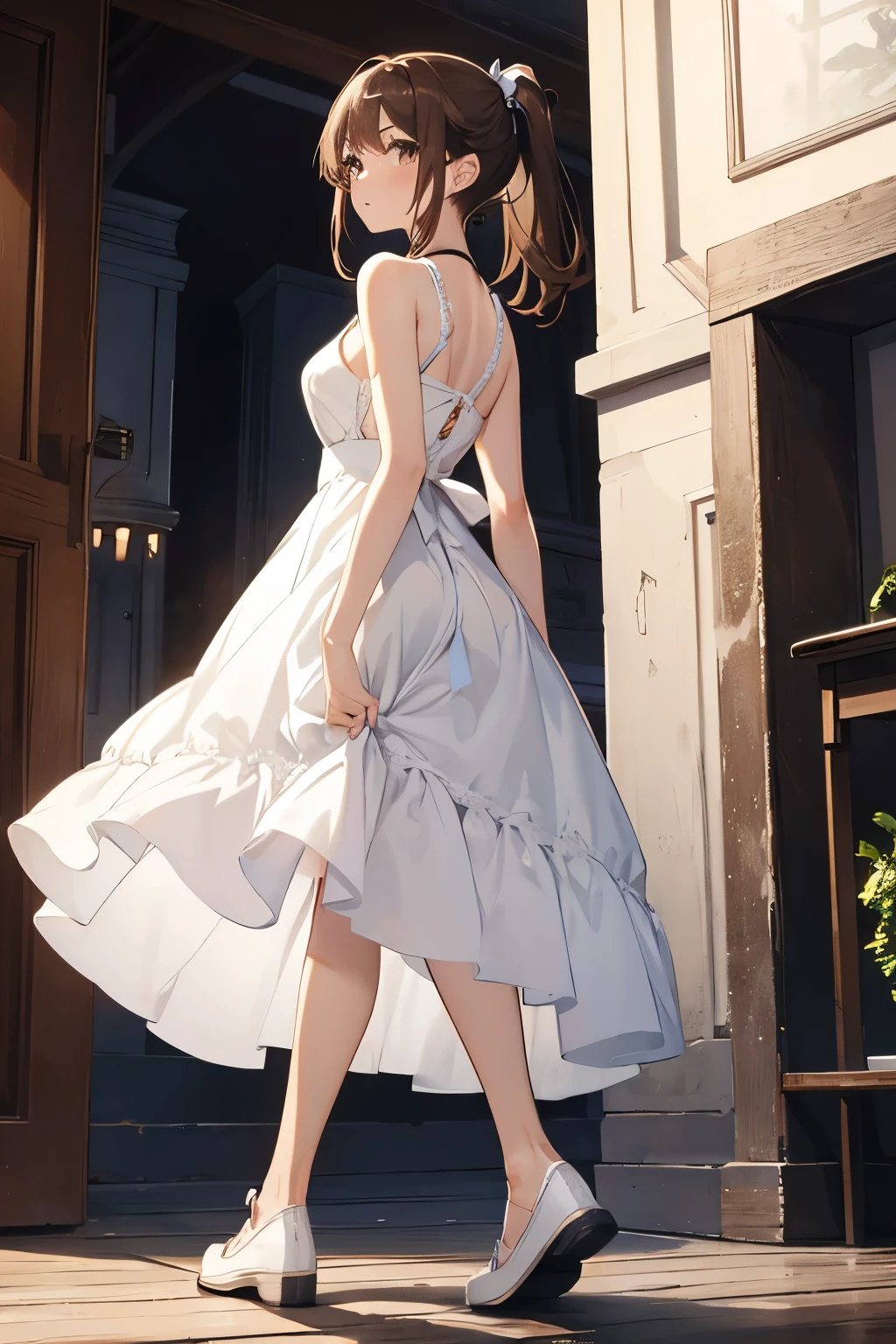 masterpiece、highest quality、1 girl、bare arms、bare shoulders、Bare neck、brown hair、brown eyes、whole body、standing、full body、toe、white shoes、white dress、ponytail、shot from behind