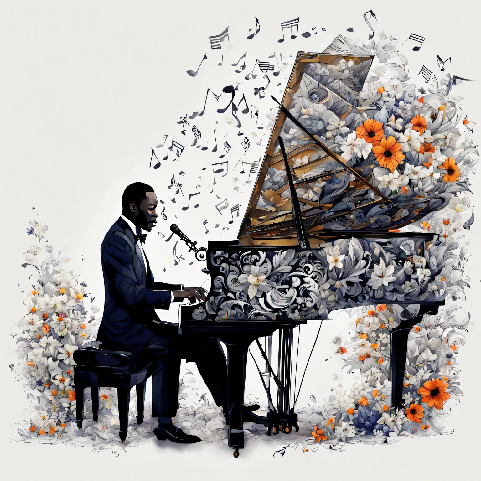 masterpiece、jazzピアニストはピアノを弾きます,great pianist, jazzピアノ、jazz、Darkman, He is a musician with a warm and powerful sound.., Increase profit margins、white background、(A blizzard of flowers dances in the air:1.4), magic, wonderful, zentangle, origami
