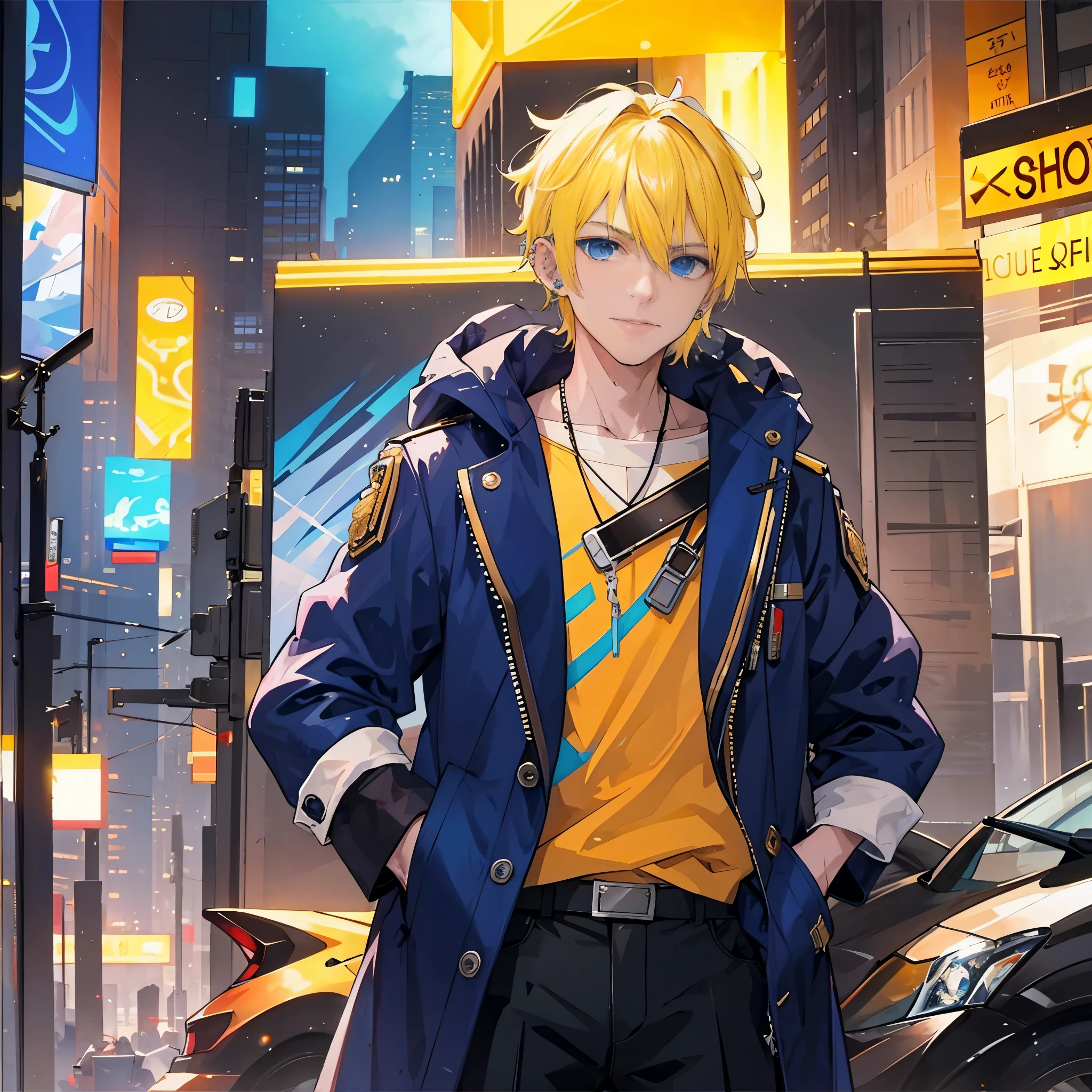 A man，Handsome，Yellow hair, Wavy Short hair, Deep Blue Eyes,  future city，cyberpunk, 
 Sateen，((ear-piercing)), Militarry coat large，Put your hands in your pockets,