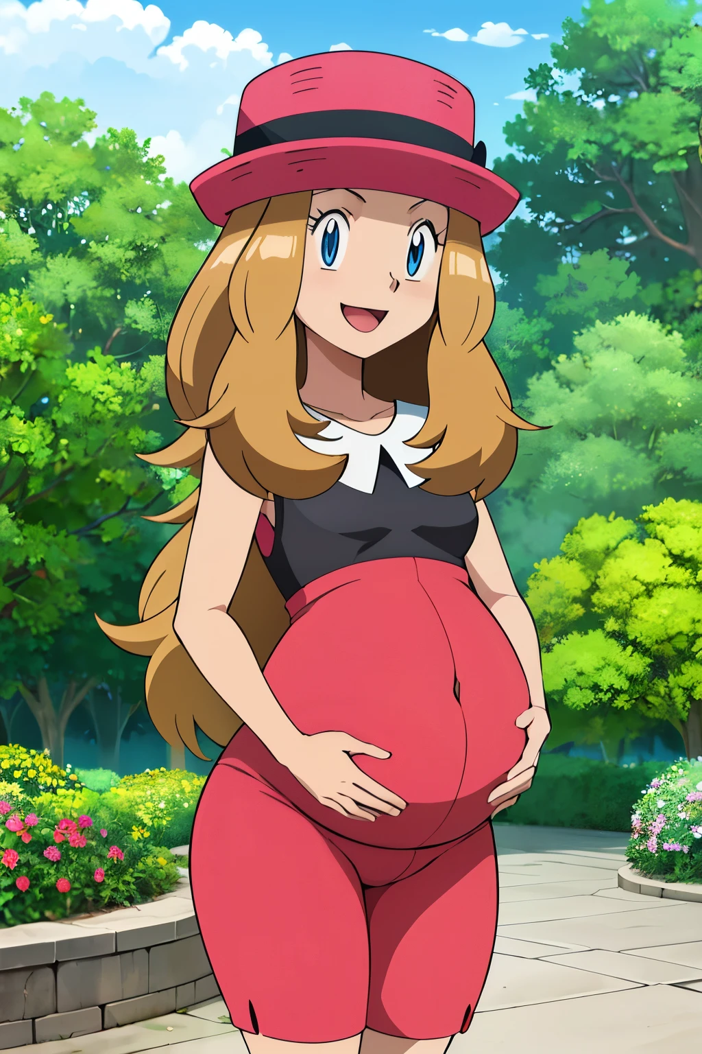 obra maestra, Mejor calidad, high resolution, al aire libre, 1 chica, Solo, serena (pokemon), sombreros rosas, falda roja, la camisa negra, hombros descubiertos, mirando al espectador, embarazada, pregnant, sonrisa timida, rubor. 