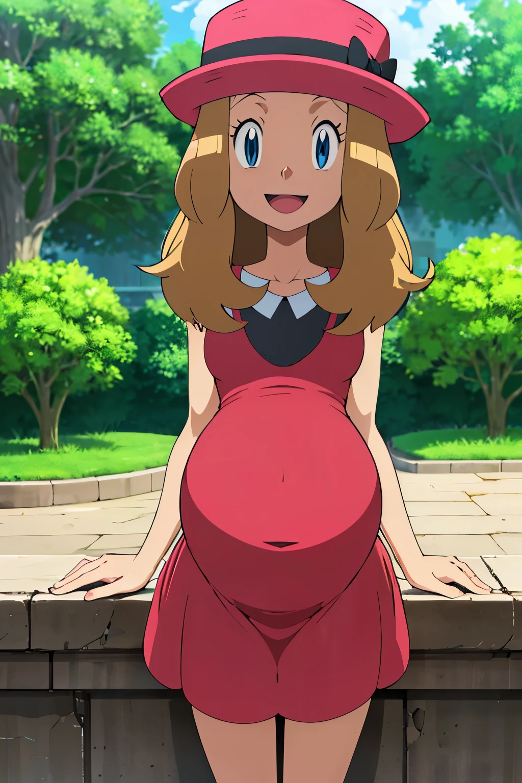 obra maestra, Mejor calidad, high resolution, al aire libre, 1 chica, Solo, serena (pokemon), sombreros rosas, falda roja, falda plisada, la camisa negra, hombros descubiertos, mirando al espectador, embarazada, pregnant, sonrisa timida, rubor, senos medianos, pechos femeninos, sonrisa, manos en las caderas, de perfil, cuerpo de lado.