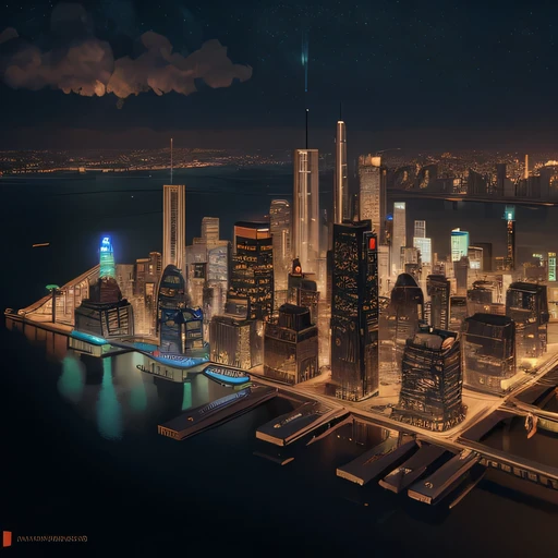 City in miniature,Manhattan 3960s,Isometric,night,Unreal Engine,Science fiction,Atmosphere map,digital 3d,CG art