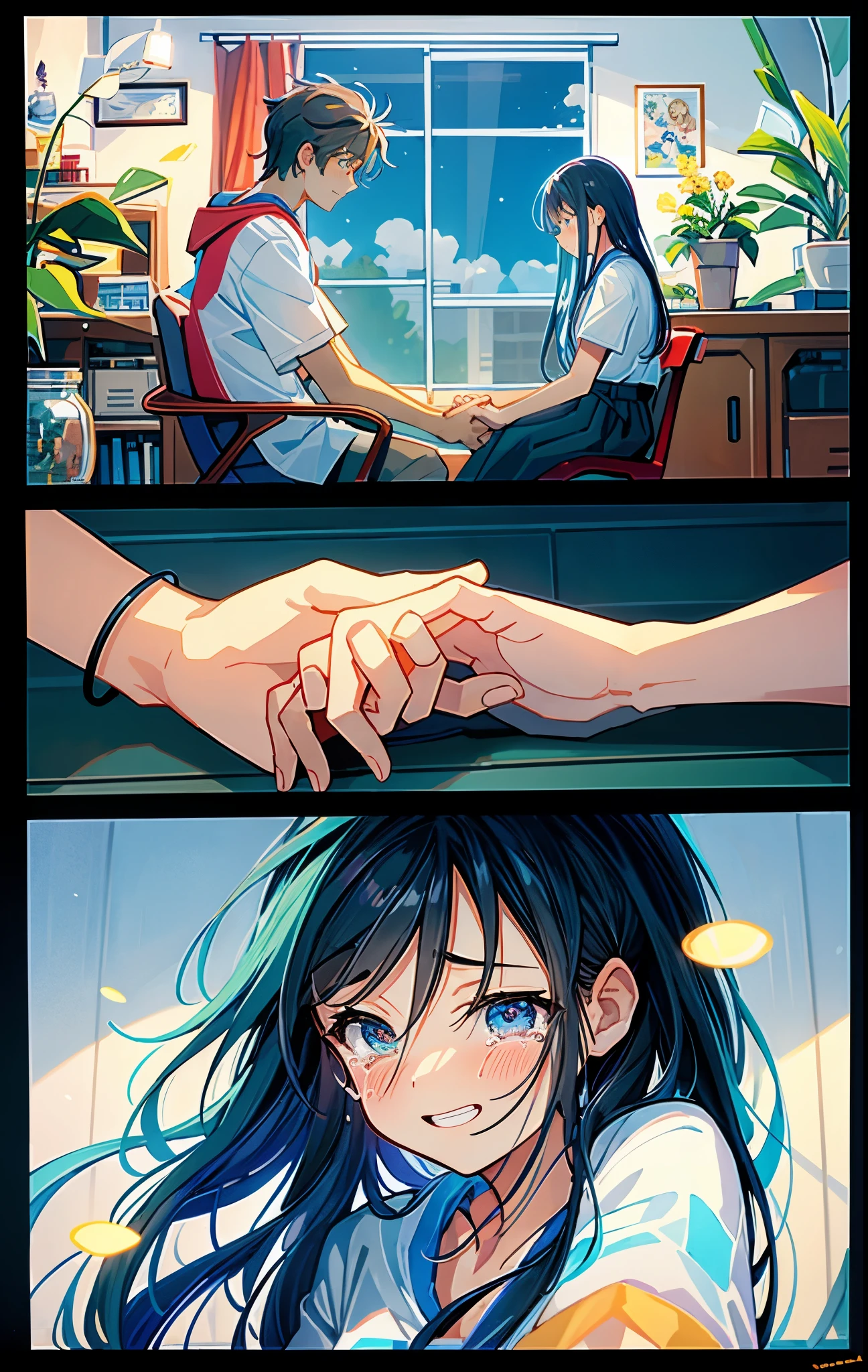 [[[ Super detailed, best quality, beautiful, 4K]]], portrait, Modern room background, hold hands，Detailed and complete hand structure，crying girl，2D cartoon