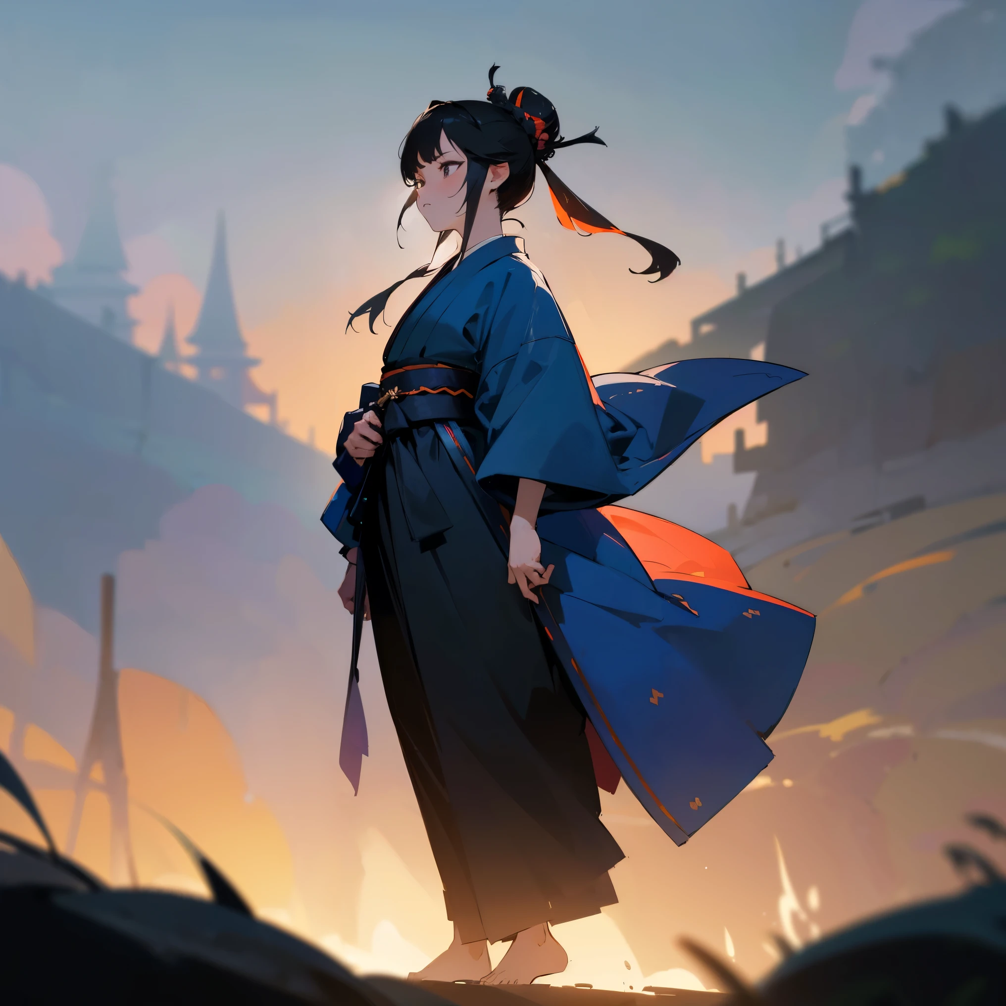 (best quality,4k,8k,highres,masterpiece:1.2), HDR, UHD, studio lighting, ultra-fine painting, sharp focus, physically-based rendering, extreme detail description, professional, vivid colors, bokeh, portraits, Japanese village, dark blue haori, black pants, samurai robes, calm expression, standing on path, black hair, top knot