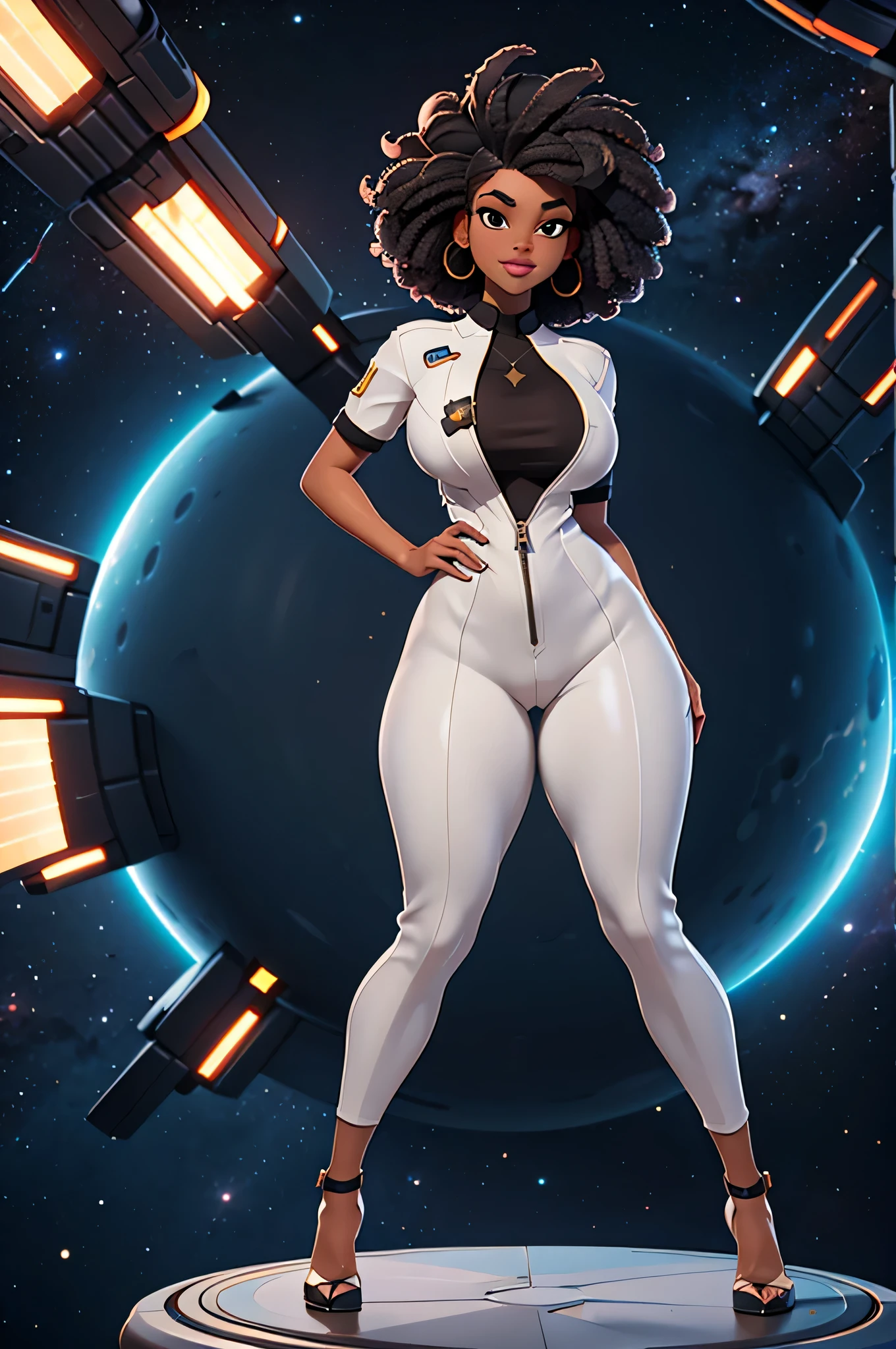 HD, dark skinned, young woman, age 25, humanoid, honey, black afro hair, Jackie Parris, ((((Jackie Parris)))), full body cgsociety, 3 d character art, full character body, detailed full body concept, stylized character, erotica, ((young woman, 1girl, age 25)), ((complex detailed background, space, outside)), erotica, full body, sexy, wide hips, thicc body, thicc, chubby, large breasts, action pose, spacesuit, gold tight Metroid costume