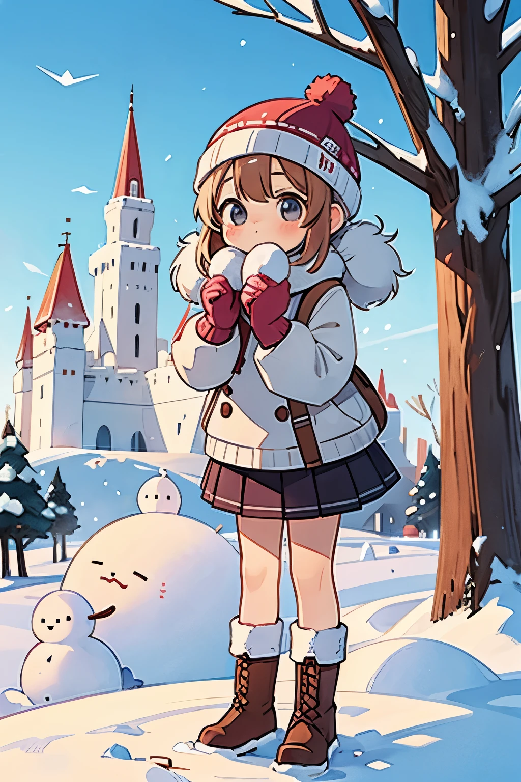 Chibi girl taking a commemorative photo with a large snow castle in the background at the snow festival venue、knit hat、Cute boots、woolen gloves、cute pose