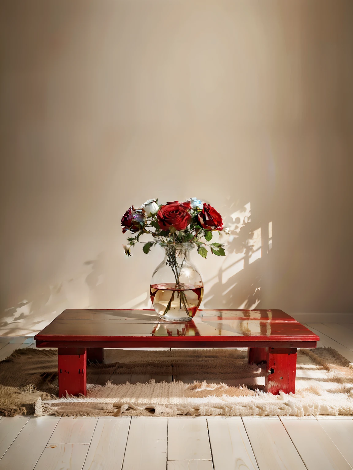 create a painting canvas with five flowers red and three roses white ,table wood, background white and red , realistic , high definition, beautiful composition, painting
