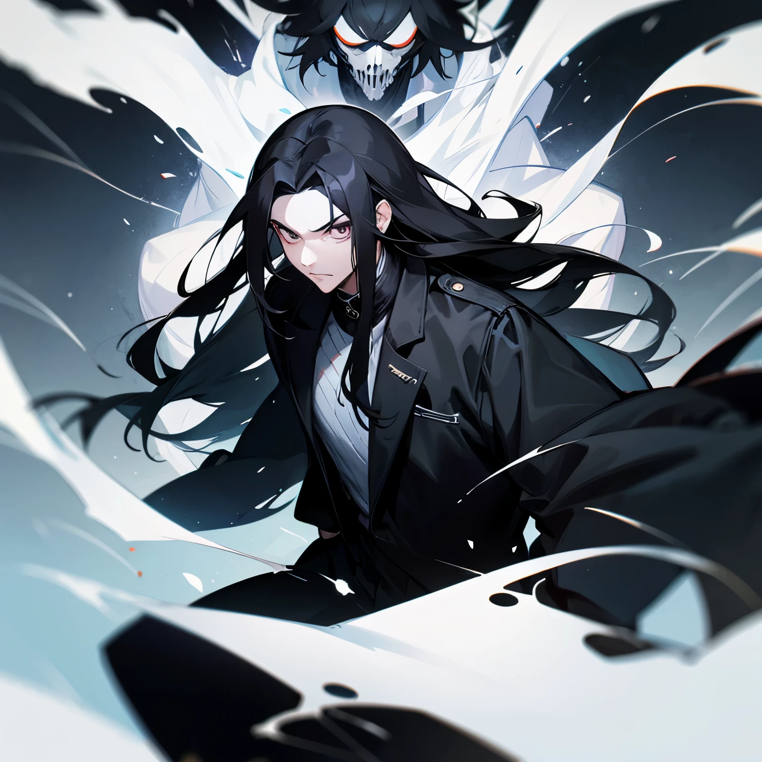 photo of a half-bodied man, long black hair, wearing a black jacket, white skin, cool face