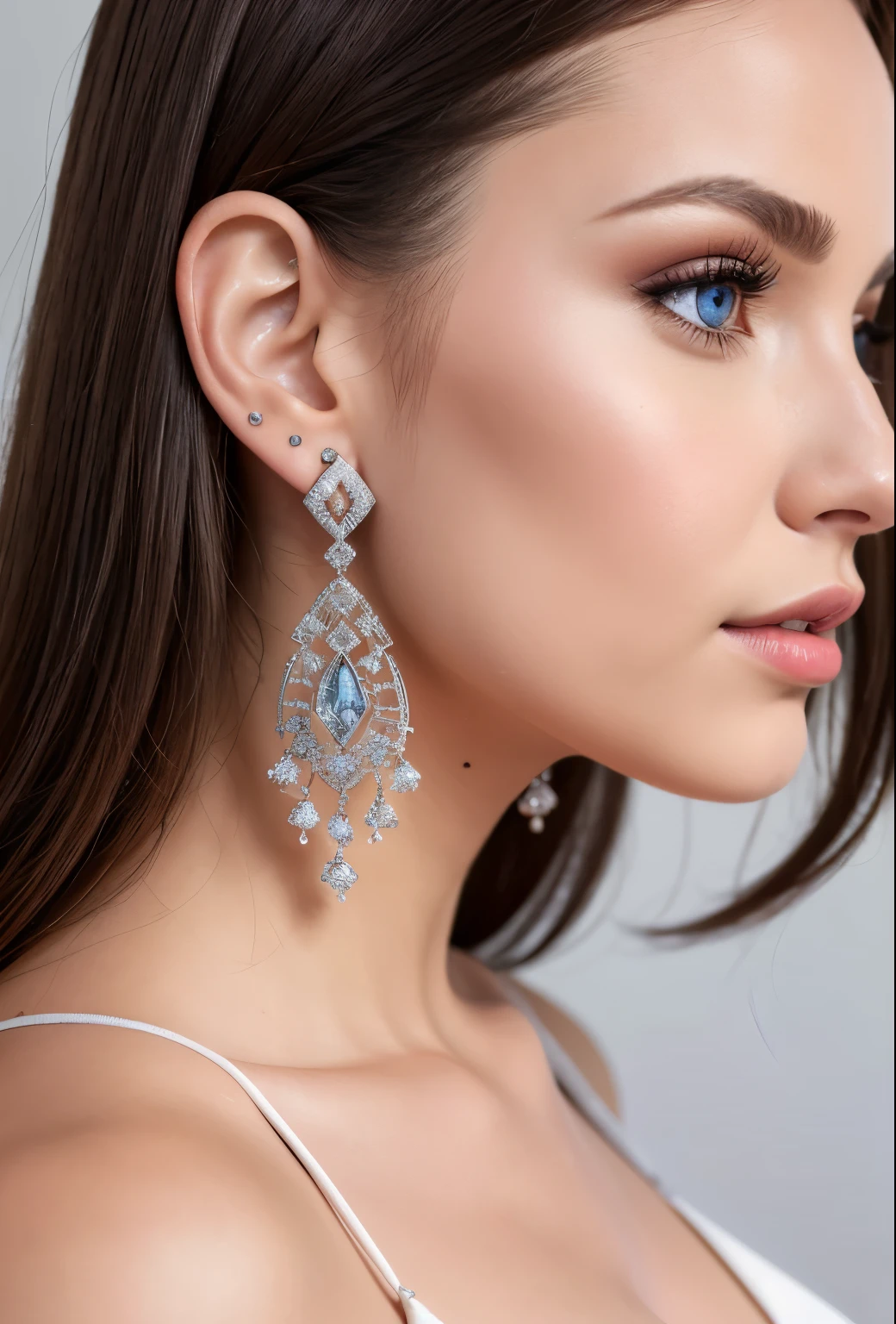 (masterpiece, best quality), intricate details, realistic, photorealistic, a close up of a woman wearing earrings, inspired by Emma Andijewska, draped in crystals, silver color, long earrings, sandra chevier, huge earrings, 2019, blue-eyed, platinum jewellery, earring, flawless structure, silver earring,