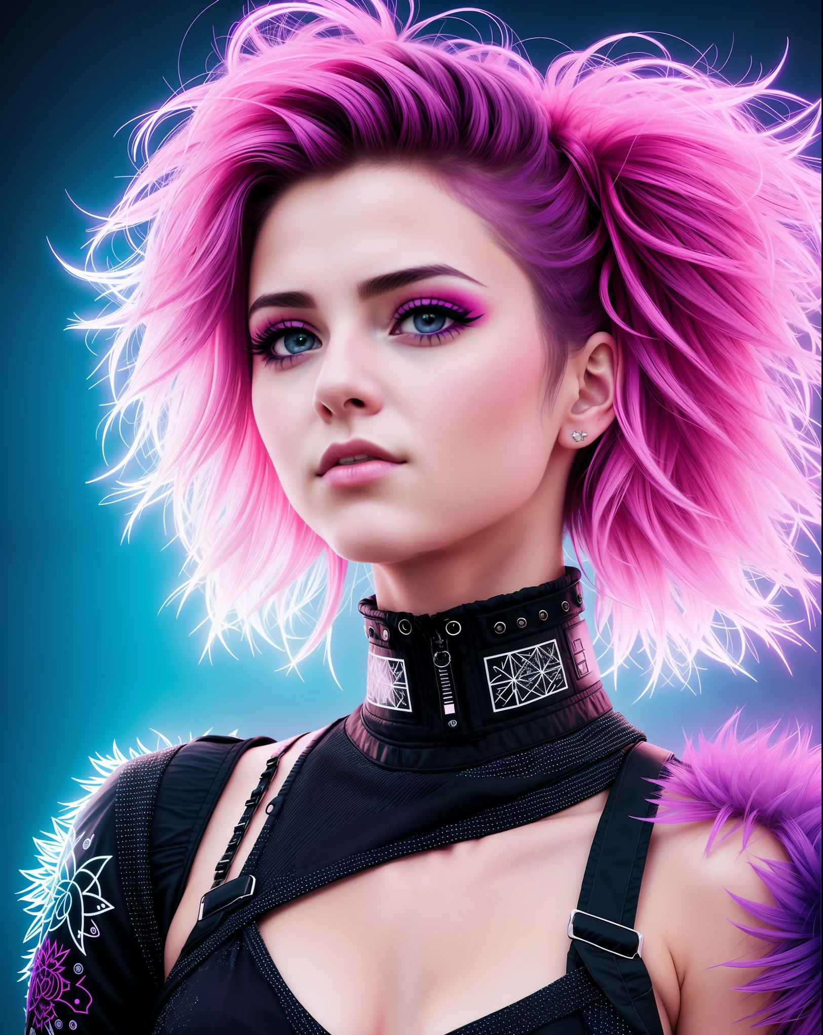 Punk Woman, in the sky, with sidecute hair, skin texture, Fractal art, neon lights, detail face, detail backgrounds little blur, natural lights, HDR, photo realistic, professional photo, flirt with the viewer, wind