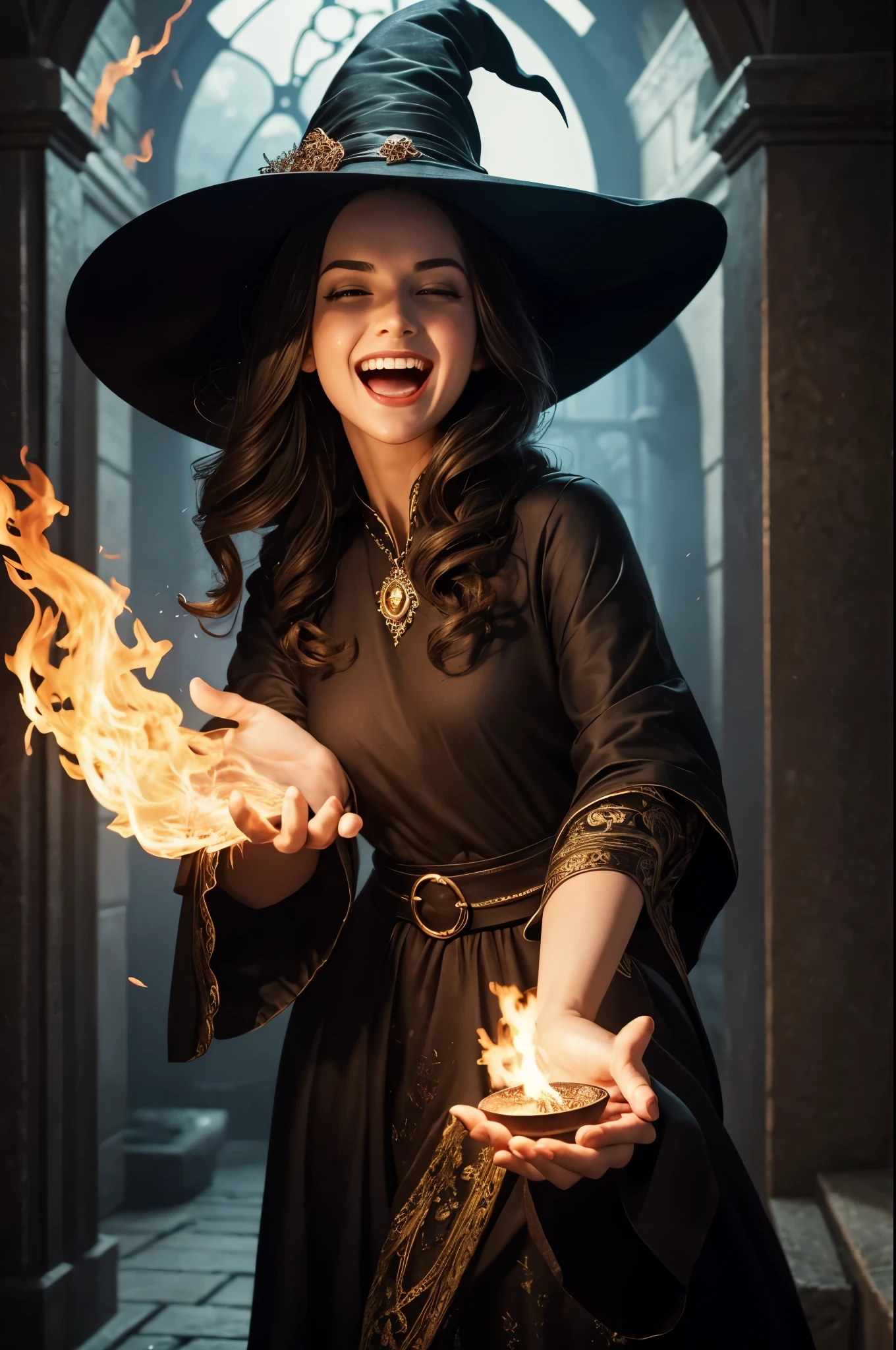 masterpiece, best quality, hyper realistic:1.4, extremely detailed, a beautiful 30s witch, releasing fire magic from one hand:1.8, perfect hands, perfect fingers:1.2, laughing