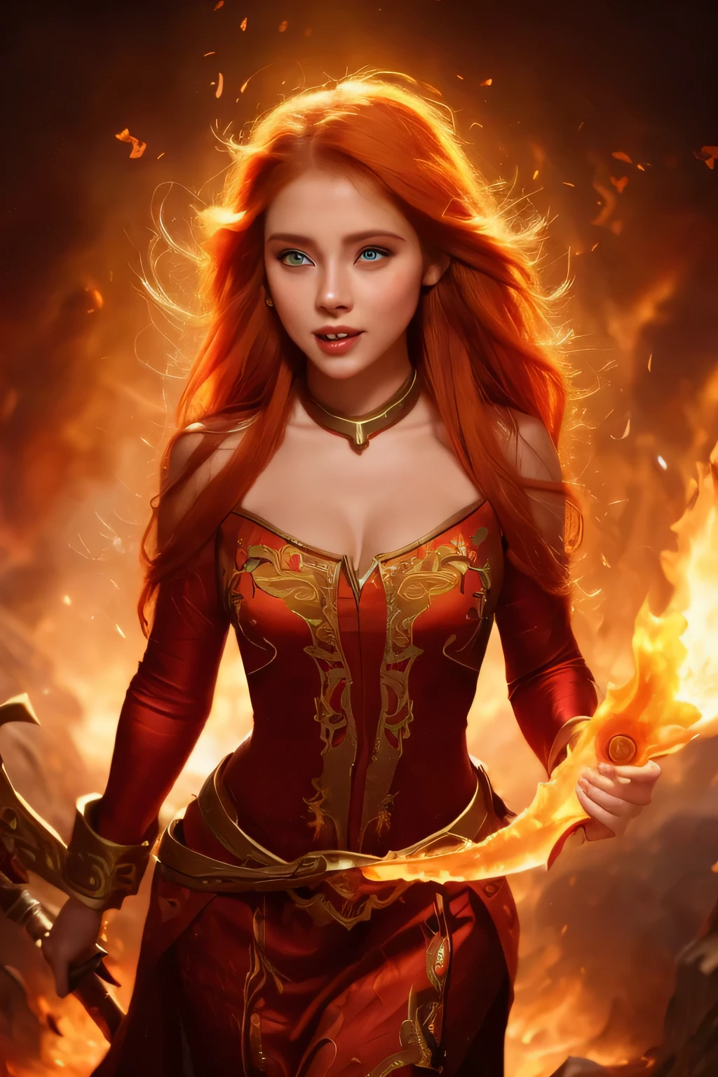 Outstanding drawings of beautiful Caucasian girls, intense, Surrounded by flames, dota2 firegirl style, Ghost knife style, Fire-like hair, long red hair, watery blue Big eyes, thin waist, wide hips, Mage Dress, Magic Color, world of warcraft style, blizzard entertainment, Ultra HD, 8K, real skin texture, best light, best shadow, Dota 2 Lina, action, magical world, overhead view, small mouth, small nose, Big eyes, cute