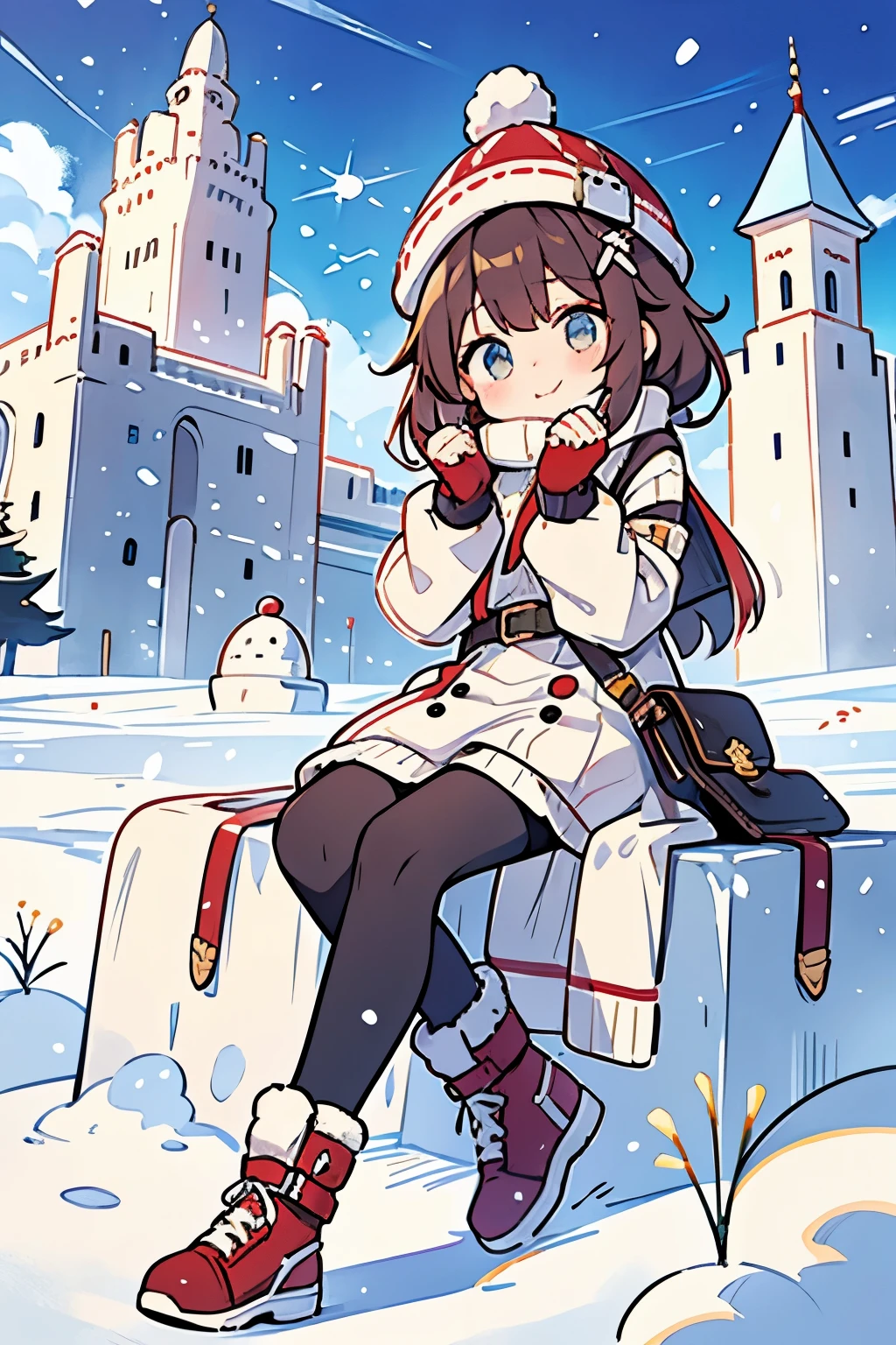 Chibi girl taking a commemorative photo with a large snow castle in the background at the snow festival venue、knit hat、Cute boots、woolen gloves、cute pose