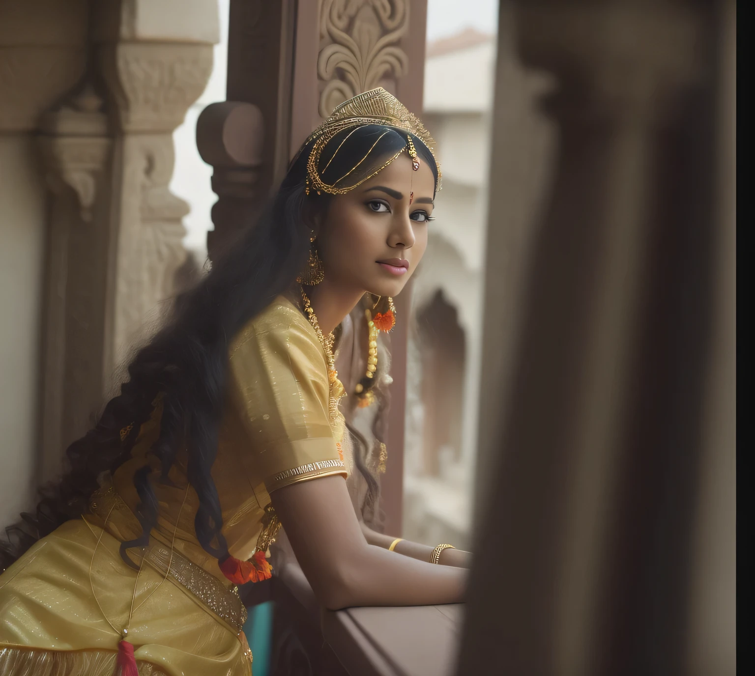 arafed woman in a traditional indian dress leaning on a balcony, still from a fantasy movie, cinematic goddess shot, traditional beauty, film still from the movie, taken with canon 5d mk4, cinematic goddess close shot, film promotional still, still from the movie, of indian princess, matte painting portrait shot, sharandula, mid shot portrait, movie stills photography