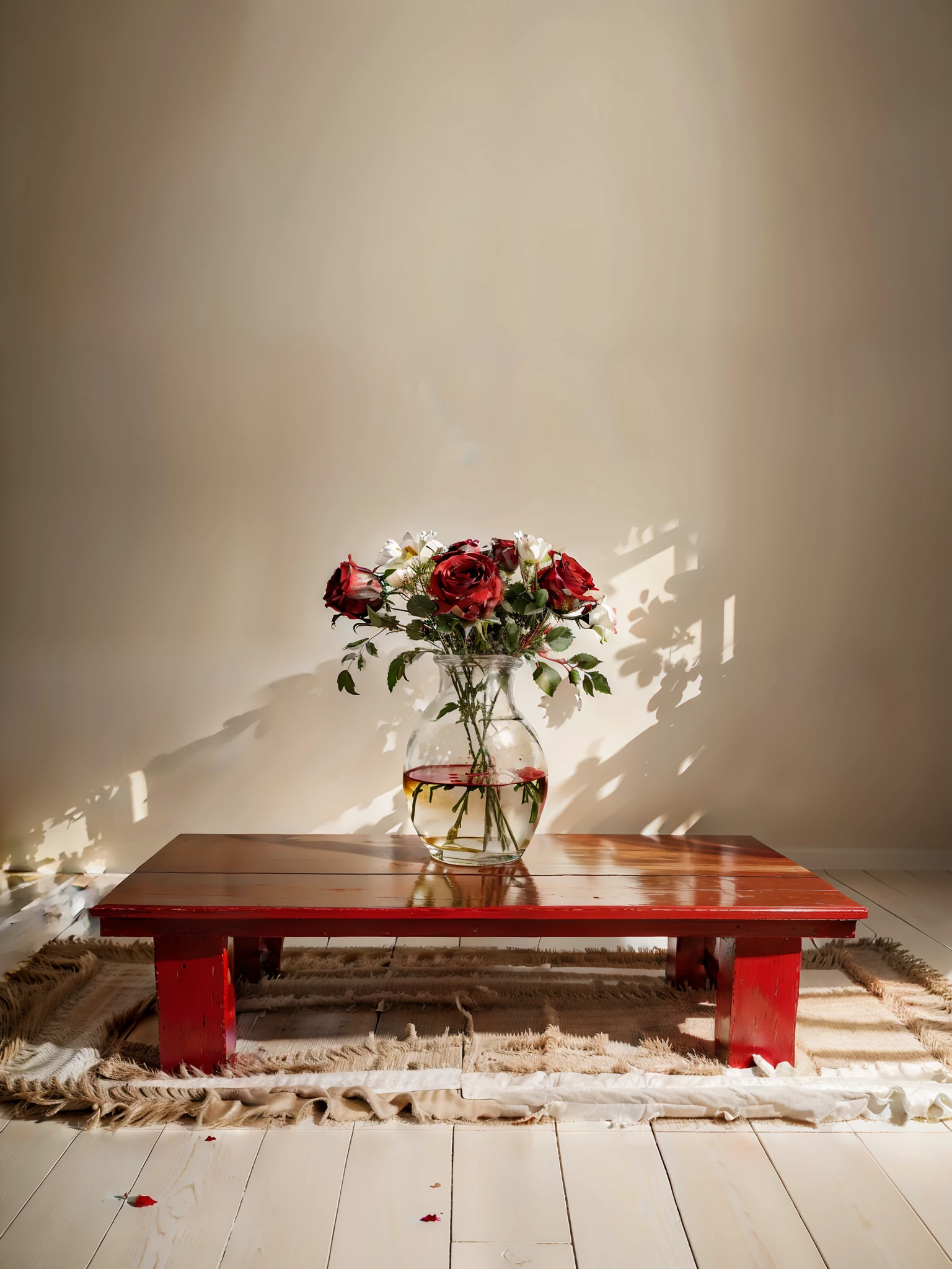 create a painting canvas with five flowers red and three roses white ,table wood, background white and red , realistic , high definition, beautiful composition, painting, more details , accurate details,