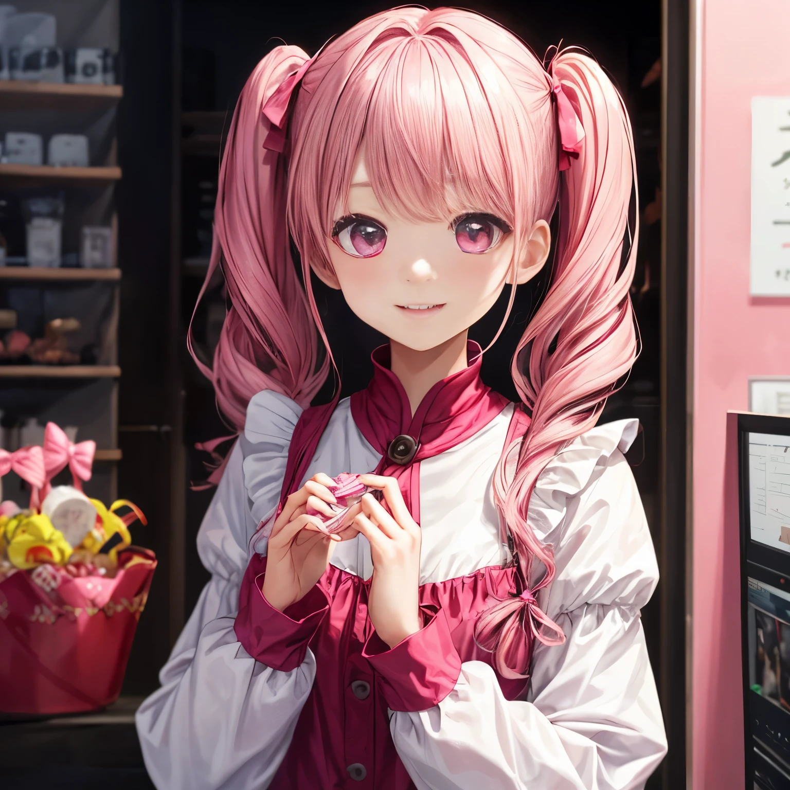with a girl、no background、no background、Background through、twin tails、Two knots、pink hair、pink color、pink eyes、Valentine、candy、Choco、Valentine’s Day、lots of frills、、Lots of races、cute、(((cute手)))、(Gentle hands)