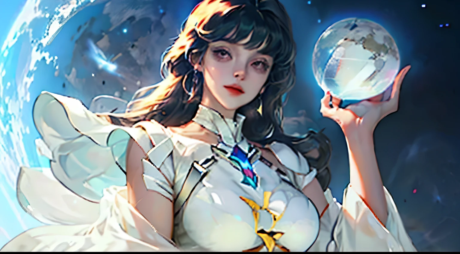 empty spacescape as background, right forefront, a girl in white dress as though holding a glowing ball that looks like earth, looking on at the empty spacescape