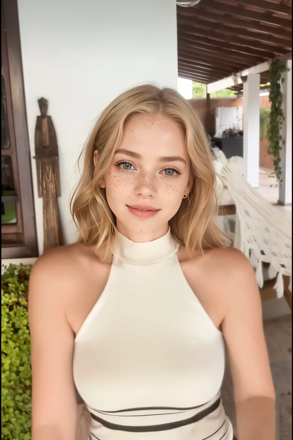 mulher, americana, 25 anos, pale skin and freckles, olhos cinzas, nariz delicado, soft and delicate lips, Cabelo blondie cinza longo e ondulados, sorriso meigo