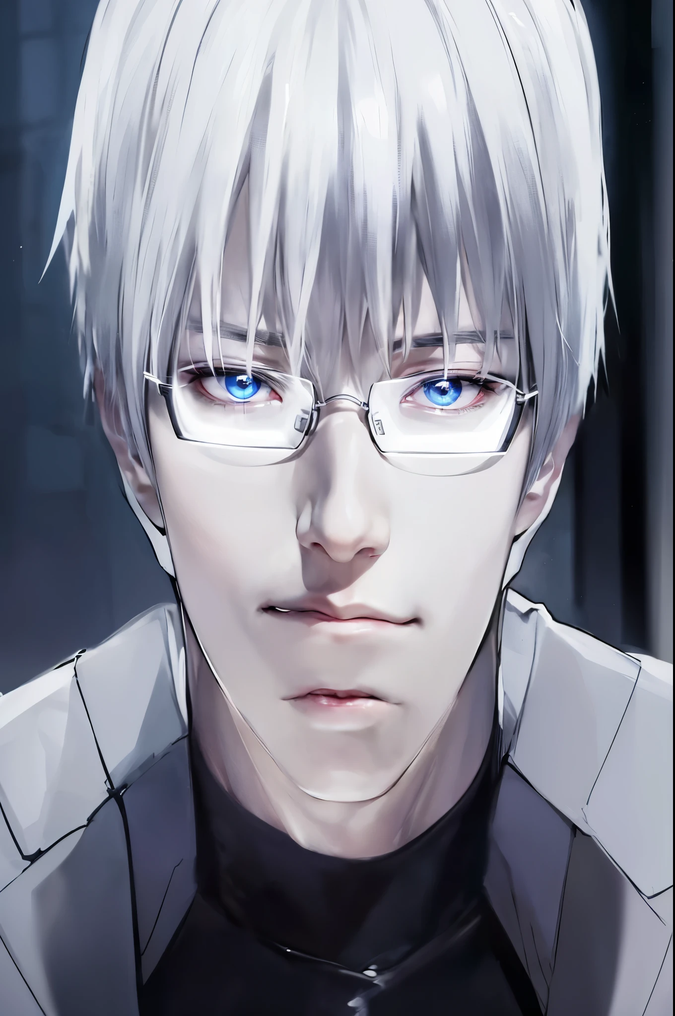 anime guy with white hair and glasses staring at the camera, ken kaneki, kaneki ken, jormungand anime, name of the character is chad, white haired, tall anime guy with blue eyes, as an anime character, handsome saitama, tokyo ghoul, white-haired, hijikata toushirou of gintama, male anime character