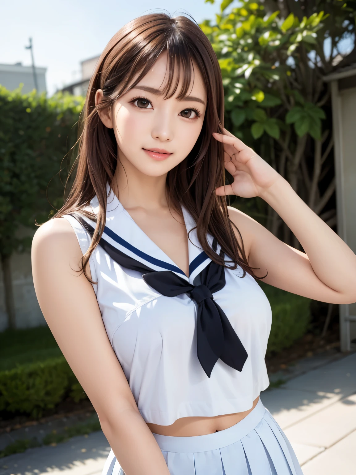 (One Girl), Very cute face, Great face and eyes, (Highly detailed eyes, Highly detailed face), Fresh, Very beautiful appearance, (Super realistic, High resolution), (highest quality:1.4), RAW Photos, (Realistic, Photorealistic:1.37), Professional photography , (see-through sailor suit:1.1)  , (Cleavage:1.2) , Smile a little, (Look at me) , Portrait of a Girl  , (Huge breasts:1.3)   , ()   , (ponytail hair) , (Nipples can be seen through the sailor suit:1.3) , (pussy juice:1.3) , (tilt your head slightly) , perfect nipples , ((nipples are pink)) , ((pink areola))  , (arms behind head:1.3) , (the man lick her nipple:1.4) , (upper body)