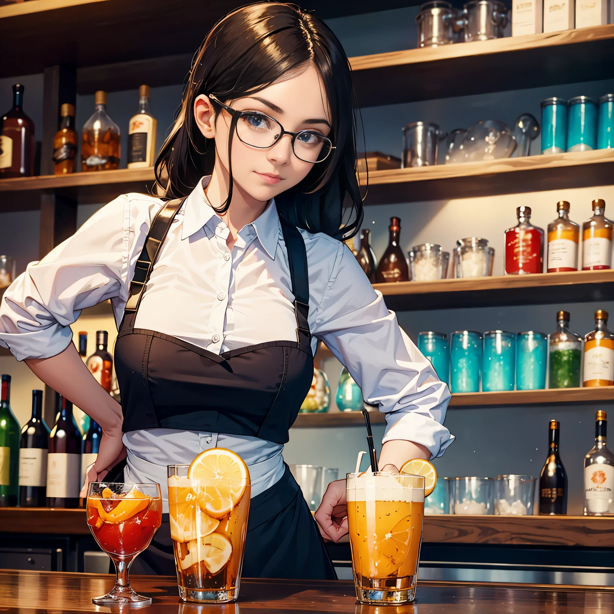 Cute bartender behind the counter, glasses, holding a glass, best quality, masterpiece, 8k, uhd
