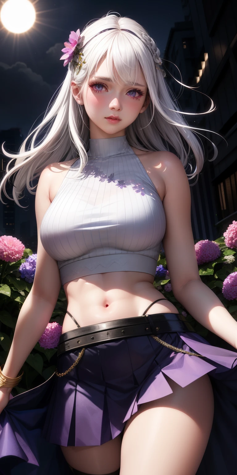 realistic, 1girl, white hair, purple eyes, glowing eyes, crop top, skirt, parted lips, blush, night, flowers, sun, sunlight,