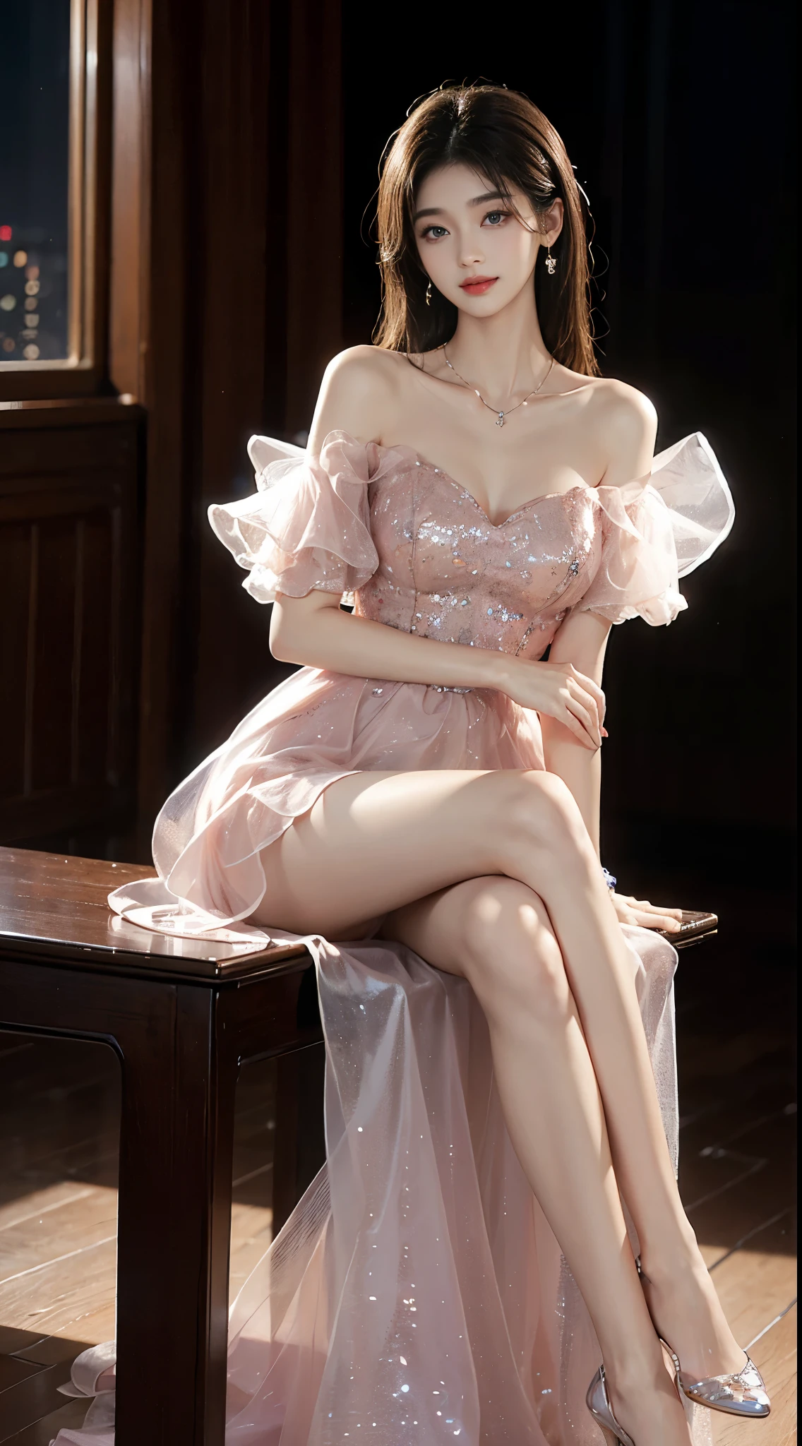 dress, ((full body)), ((Shot from a random perspective)), ((sitting position)), ((in the classroom, Sit at the lectern)), (yushuxin,1girl,solo), clear face, pretty face, 8k, masterpiece, original photo, best quality, detail:1.2,lifelike, detail, Very detailed, CG, unified, wallpapers, depth of field, movie light, lens flare, Ray tracing, (extremely beautiful face, beautiful lips, beautiful eyes), intricate, detail的脸, ((ultra detailed skin)), 1 girl, in the darkness, deep shadow, beautiful korean girl, kpop idol,(Very slim figure:1.3), A plump chest, Large breasts, Slender sexy legs, Very nice legs, elegant posture, (bright smile), (City night, (neon lights), (night), beautiful korean girl, white diamond earrings, Diameter bracelet, Dia necklace, clear eyes, (big eyes)