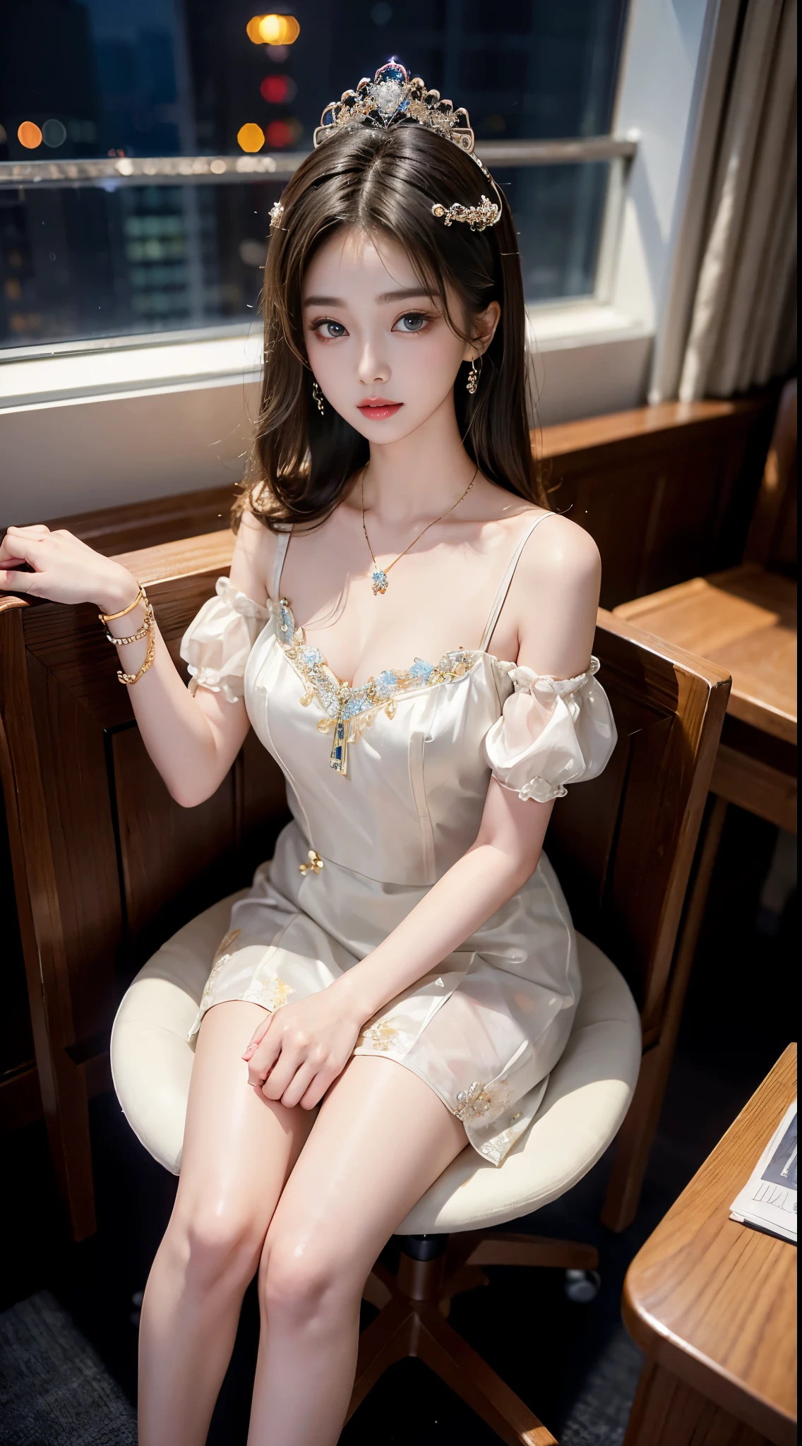 Sweet girl clothes10,korean dress, ((full body)), ((Shot from a random perspective)), ((sitting position)), ((in the classroom, Sit at the lectern)), (yushuxin,1girl,solo), clear face, pretty face, 8k, masterpiece, original photo, best quality, detail:1.2,lifelike, detail, Very detailed, CG, unified, wallpapers, depth of field, movie light, lens flare, Ray tracing, (extremely beautiful face, beautiful lips, beautiful eyes), intricate, detail的脸, ((ultra detailed skin)), 1 girl, in the darkness, deep shadow, beautiful korean girl, kpop idol,(Very slim figure:1.3), A plump chest, Large breasts, Slender sexy legs, Very nice legs, elegant posture, (bright smile), (City night, (neon lights), (night), beautiful korean girl, white diamond earrings, Diameter bracelet, Dia necklace, clear eyes, (big eyes)