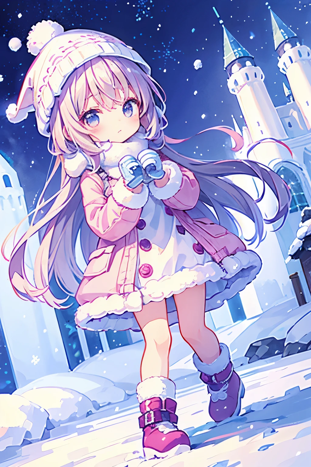 Chibi girl taking a commemorative photo with a large snow castle in the background at the snow festival venue、knit hat、Cute boots、woolen gloves、cute pose