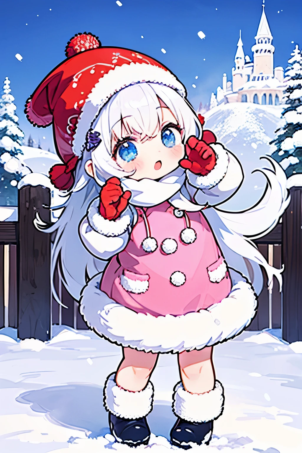 Chibi girl taking a commemorative photo with a large snow castle in the background at the snow festival venue、knit hat、Cute boots、woolen gloves、cute pose