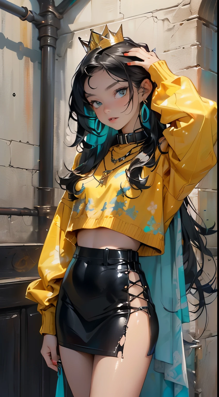 Lovely li,(((small lo,tiny small body,small,chibi))),(((6 year((((1 toddler:1.4))(baby face),(rou(small chest),(big forehead:1.2),(anime with extremely Lovely and beautiful black hair)),
((((Indian girl)))),(((flat chest))),((((black hair:1.35,messy hair,Colored inner hair,蓬乱的long hair,black hair,black hair,very long hair,thick hair,thick hair,thick hair,long hair)))),(((turquoise_Eye:1.3))),complex Eye,beautiful detailed Eye,symmetrical Eye,big Eye:1.5,(((shiny skin:1.5,bright skin: 1.5,The skin is tanned,shiny skin,very shiny skin,shining body,plastic glitter skin,exaggerated shiny skin,glowing skin))),(detailed body,(Detailed face)),
(Lovely,kawaii,(national foundation)),🦄,🌈,
navel,(((modern princess,yellow crown,yellow sweater, yellow sweater outfit, wearing a sweater:1.3,Winter sweater))), ((skirt)),(Arabic clothes,with small gold clothing,((((raw edge clothes)))),(Arabian jewelry,complex necklace),(((collar,A long chain leather strap connected to her collar,manacles))),(((torn clothes:1.1,complex outfit,complex clothes,embroidered clothing,gorgeous costumes))),
(dynamic poses:1.0),Awkward,(center,Scale to fit dimensions,rule of thirds),
in,indoor,((dark room of a gothic dungeon with manacles and chains.)),landscape:1.25,((complex landscape)),((winter decorations)),Christmas tree,
(有光泽的winter decorations),high resolution,sharp focus,(Super detailed,Very detailed),(realistic artwork:1.37),(Very detailed CG unity 8k wallpaper),(((bright colors,Vibrant theme))),(complex),(masterpiece),(best quality),