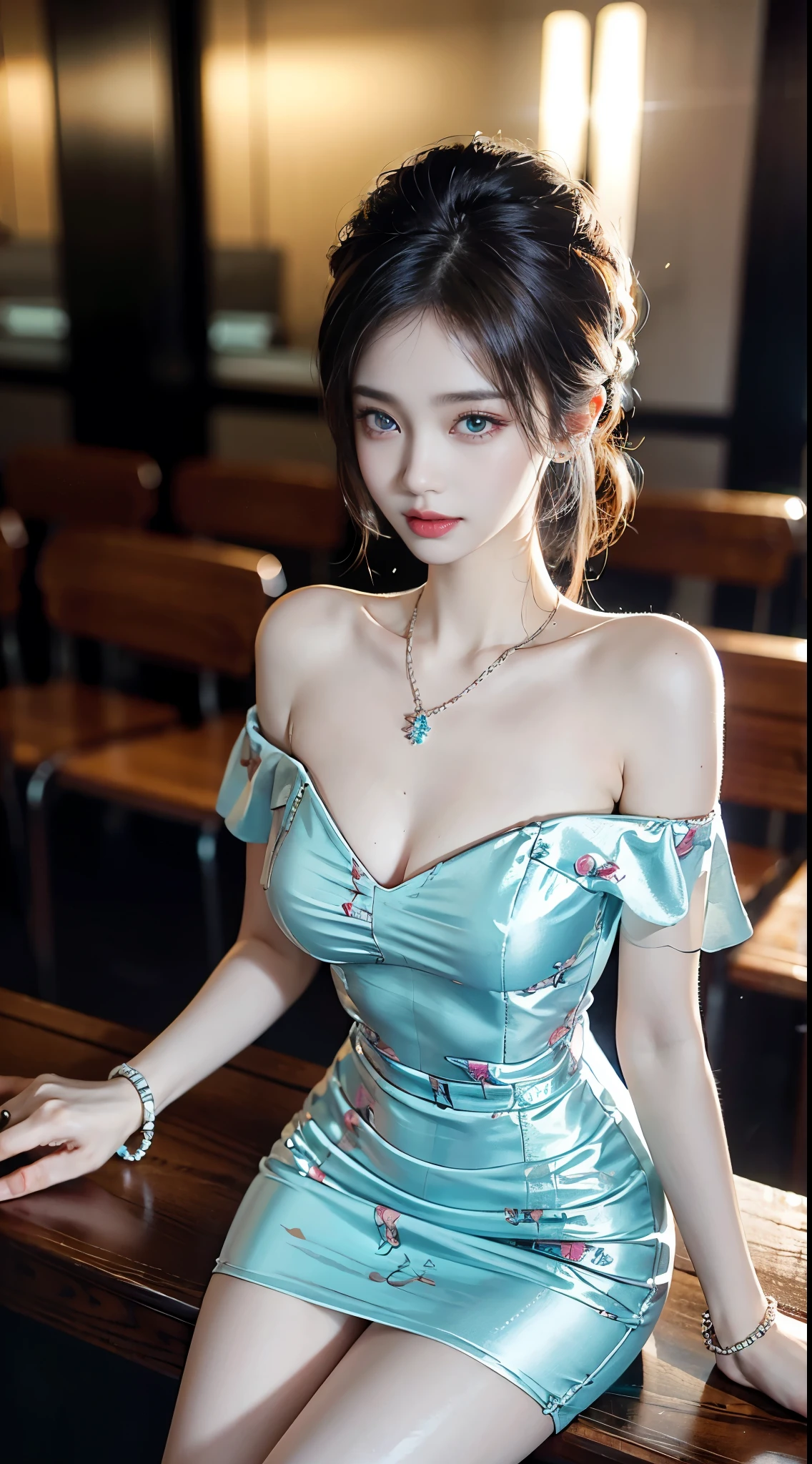 print dress, off shoulder, ((full body)), ((Shot from a random perspective)), ((sitting position)), ((in the classroom, Sit at the lectern)), (yushuxin,1girl,solo), clear face, pretty face, 8k, masterpiece, original photo, best quality, detail:1.2,lifelike, detail, Very detailed, CG, unified, wallpapers, depth of field, movie light, lens flare, Ray tracing, (extremely beautiful face, beautiful lips, beautiful eyes), intricate, detail的脸, ((ultra detailed skin)), 1 girl, in the darkness, deep shadow, beautiful korean girl, kpop idol,(Very slim figure:1.3), A plump chest, Large breasts, Slender sexy legs, Very nice legs, elegant posture, (bright smile), (City night, (neon lights), (night), beautiful korean girl, white diamond earrings, Diameter bracelet, Dia necklace, clear eyes, (big eyes)