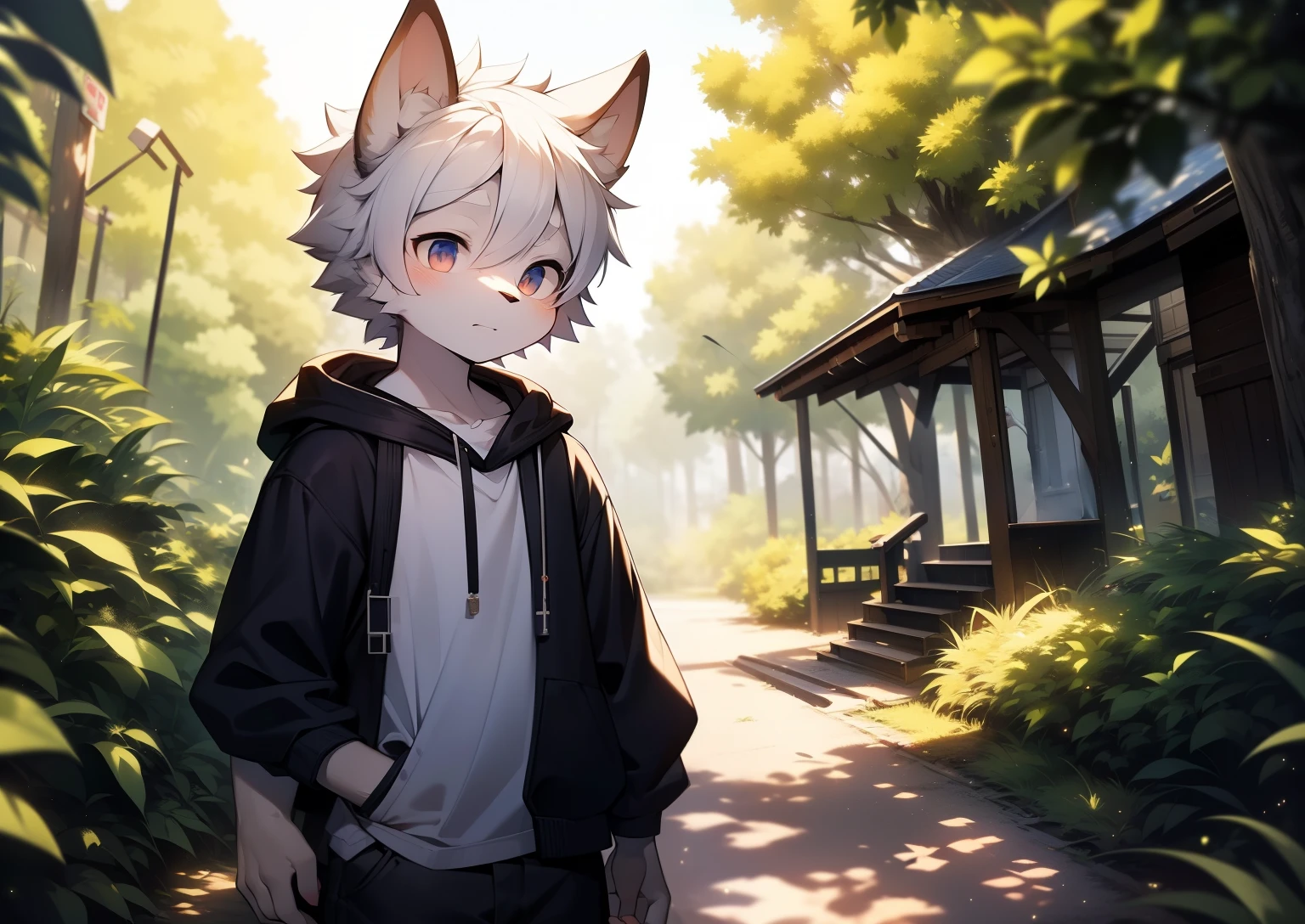 horny boy,furry wolf,((Shota)), Black and white hair, In good shape, Handsome,Lovely, Light:极端的Light与影, 反Light皮肤,Redness of the skin,((worn-out clothing,Commoner)) ,((Deep in the forest,stone road,sign,solo,the only person)),Outdoor sunset,((detail)),(depth of field),,