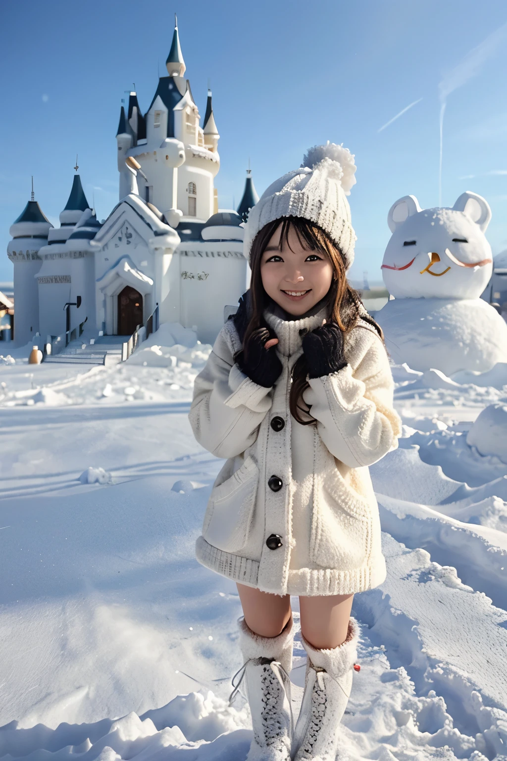 Chibi girl taking a commemorative photo with a large snow castle in the background at the snow festival venue、knit hat、Cute boots、woolen gloves、cute pose