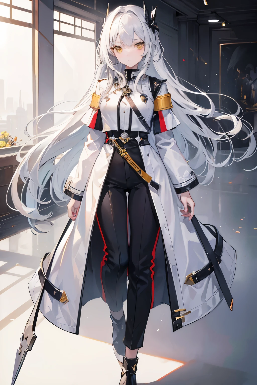high resolution,(masterpiece level:1.4),super detailed,Silver-haired girl,yellow eyes,delicate face,Wearing a white coat,There are red stripes on it,black long pants,Image quality up to 8K,Optimal color rendering,Best shadow effect,Best quality graphics,Modern outfit