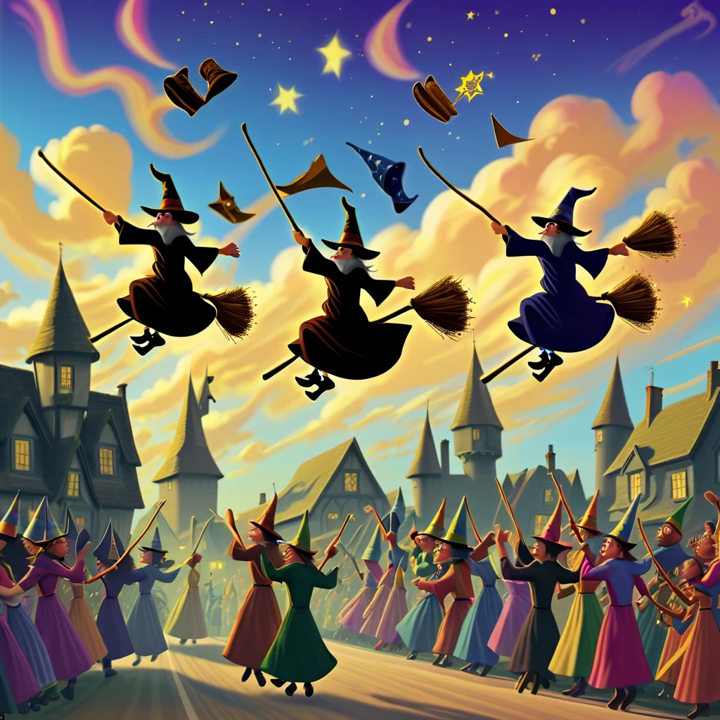 Beautiful female magician, (position sitting on a broom: 1.2), (driving a broom), (magic broom), (flying in the sky: 1.5), competition, multiple participants, shuttled through the clouds, competing fiercely, Chase, the vast sky and distant mountains,