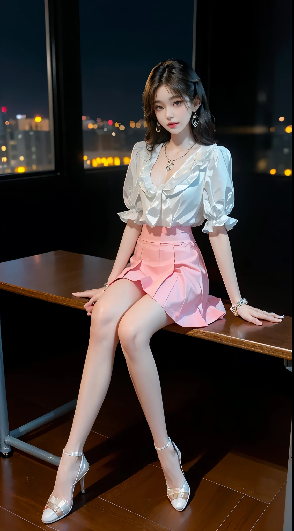 pleated skirt,pink skirt,pink sailor collar, ((full body)), ((Shot from a random perspective)), ((sitting position)), ((in the classroom, Sit at the lectern)), (yushuxin,1girl,solo), clear face, pretty face, 8k, masterpiece, original photo, best quality, detail:1.2,lifelike, detail, Very detailed, CG, unified, wallpapers, depth of field, movie light, lens flare, Ray tracing, (extremely beautiful face, beautiful lips, beautiful eyes), intricate, detail的脸, ((ultra detailed skin)), 1 girl, in the darkness, deep shadow, beautiful korean girl, kpop idol,(Very slim figure:1.3), A plump chest, Large breasts, Slender sexy legs, Very nice legs, elegant posture, (bright smile), (City night, (neon lights), (night), beautiful korean girl, white diamond earrings, Diameter bracelet, Dia necklace, clear eyes, (big eyes)